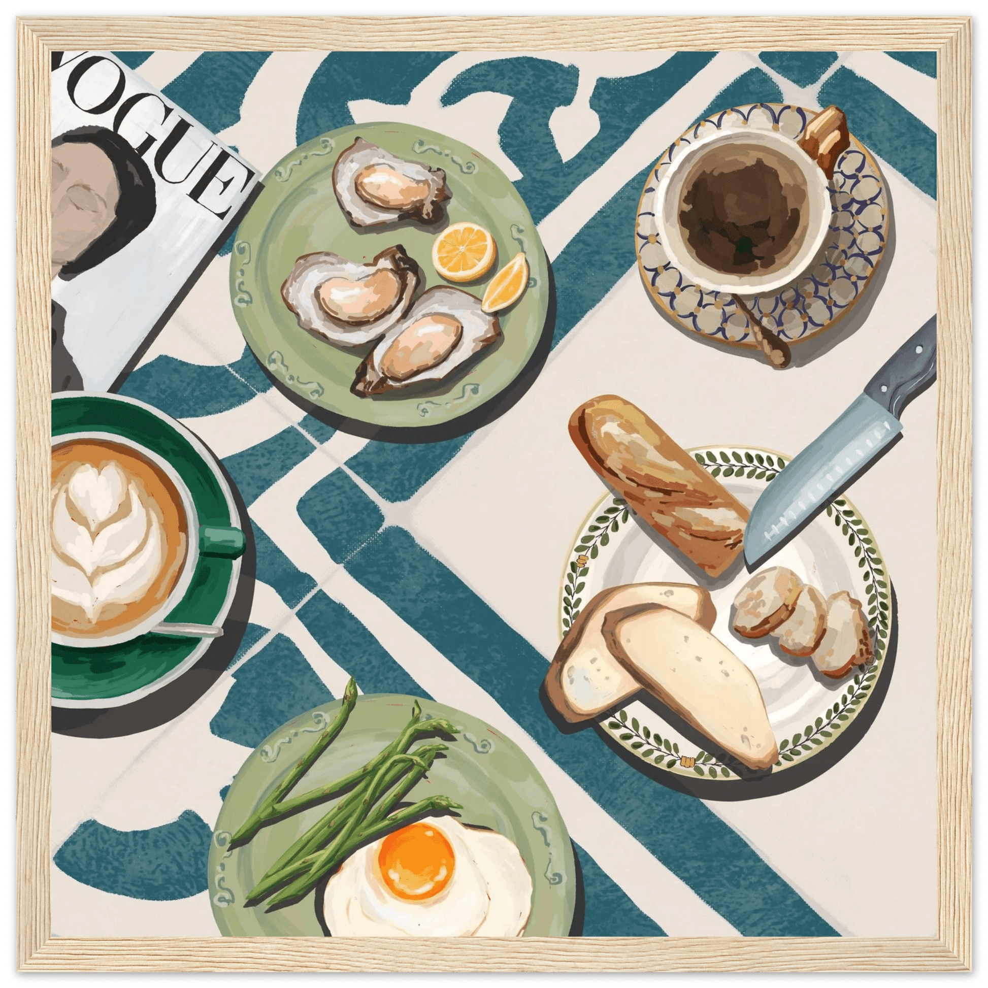 Oysters & Vogue Brunch Poster | Luxury Kitchen Wall Art | Blue Tile Square Print - Evergreen Posters - 16