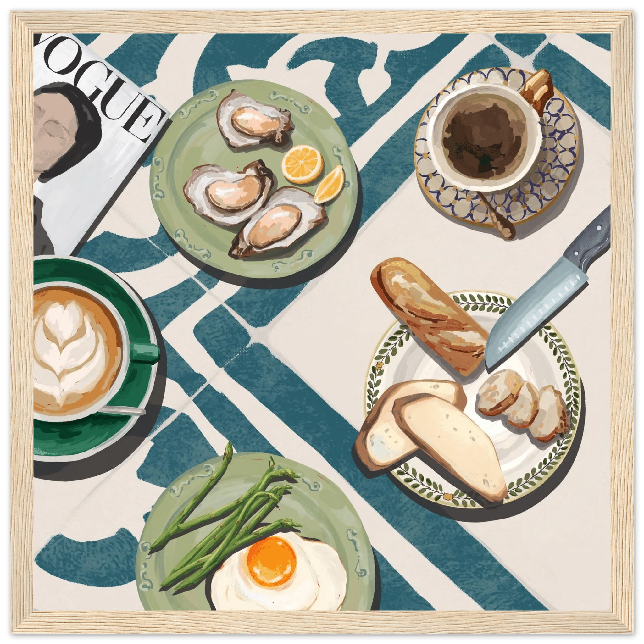 Oysters & Vogue Brunch Poster | Luxury Kitchen Wall Art | Blue Tile Square Print - Evergreen Posters - 16