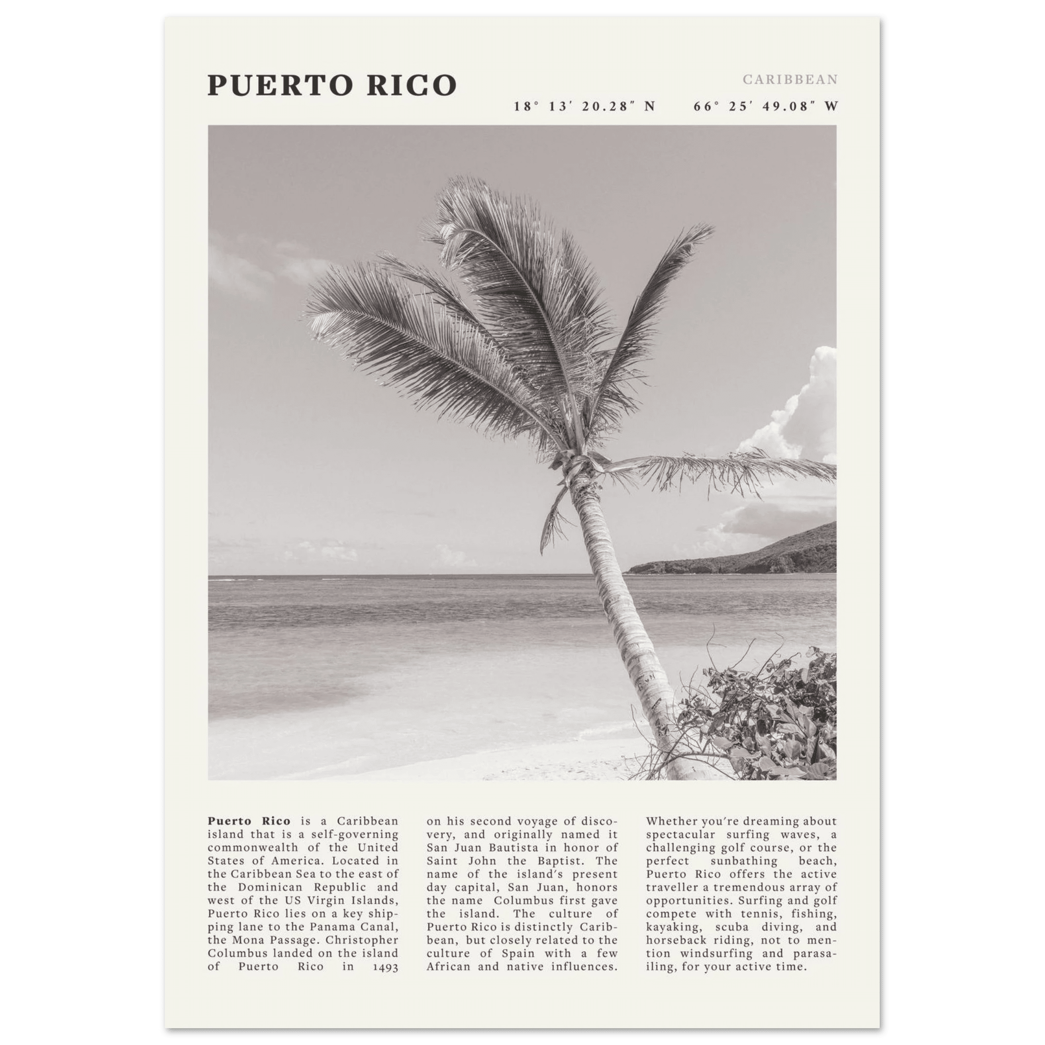 Puerto Rico Poster Black and White – Vintage Caribbean Palm Beach Print (Digital & Printed Options) - Evergreen Posters
