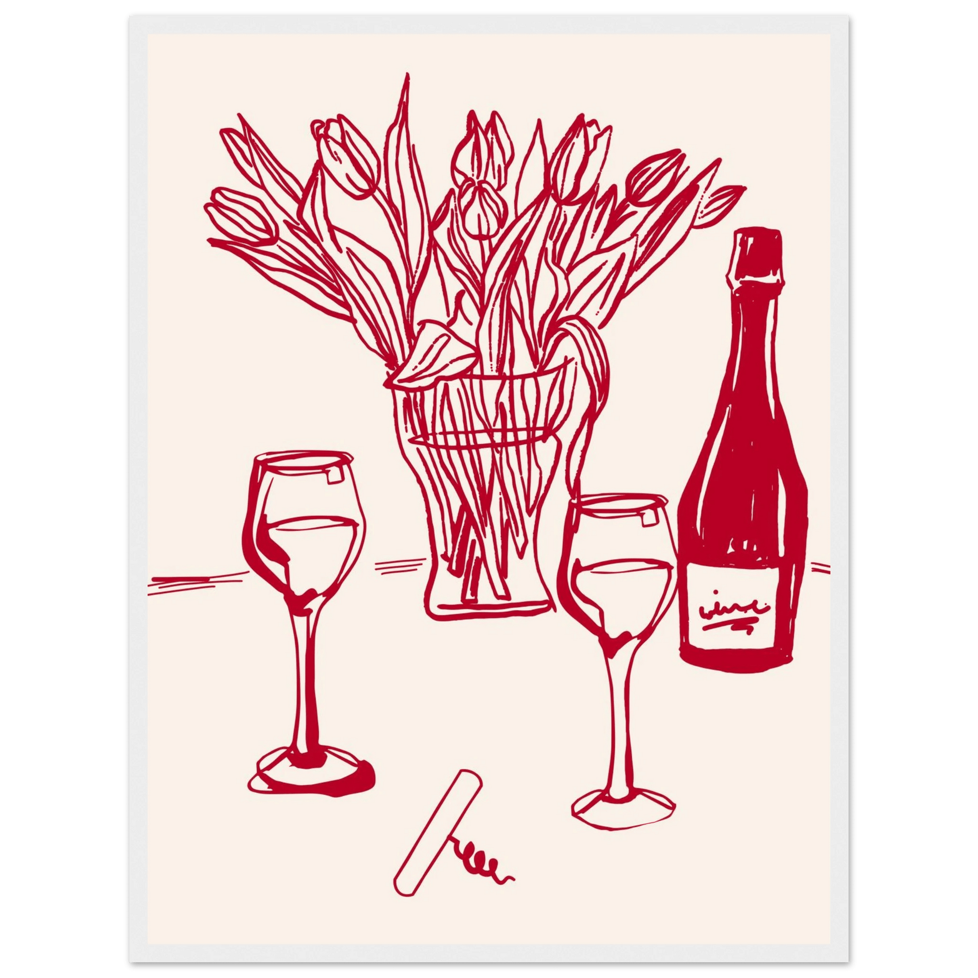 Red Wine & Tulips Print | Line Art Wine Bottle Wall Art | Kitchen Poster - Evergreen Posters