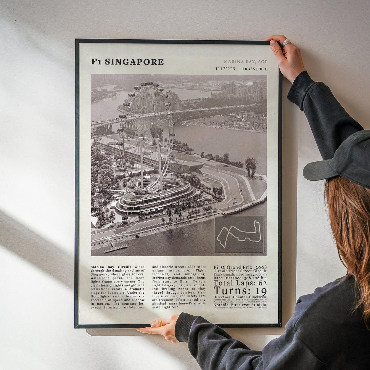 F1 Singapore Poster Black and White – Vintage Marina Bay Night Race Print (Digital & Printed Options) - Evergreen Posters