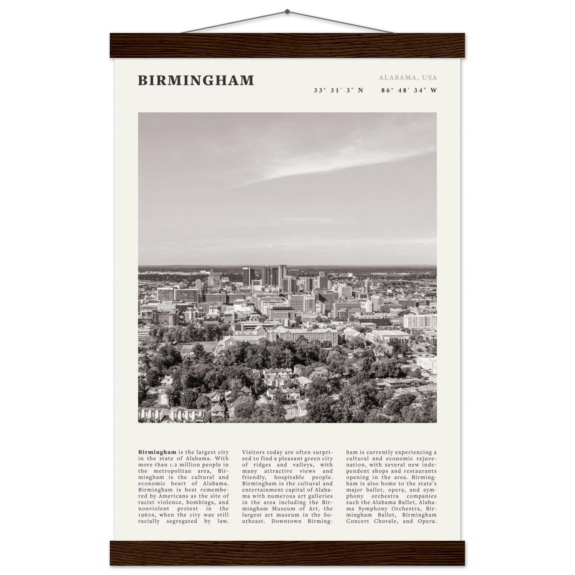 Birmingham Poster | Black & White Alabama Skyline Wall Art | AL Travel Print - Evergreen Posters
