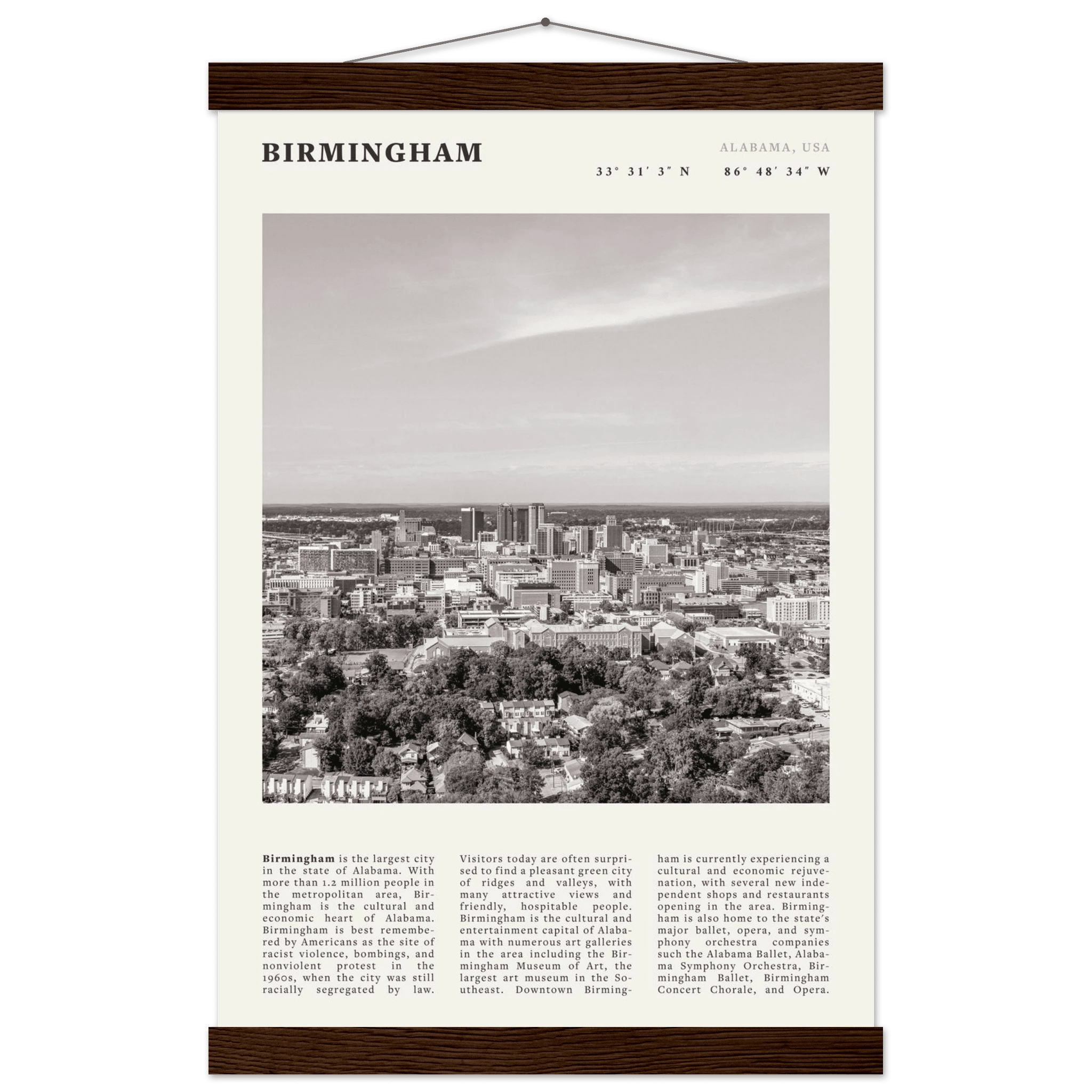 Birmingham Poster | Black & White Alabama Skyline Wall Art | AL Travel Print - Evergreen Posters