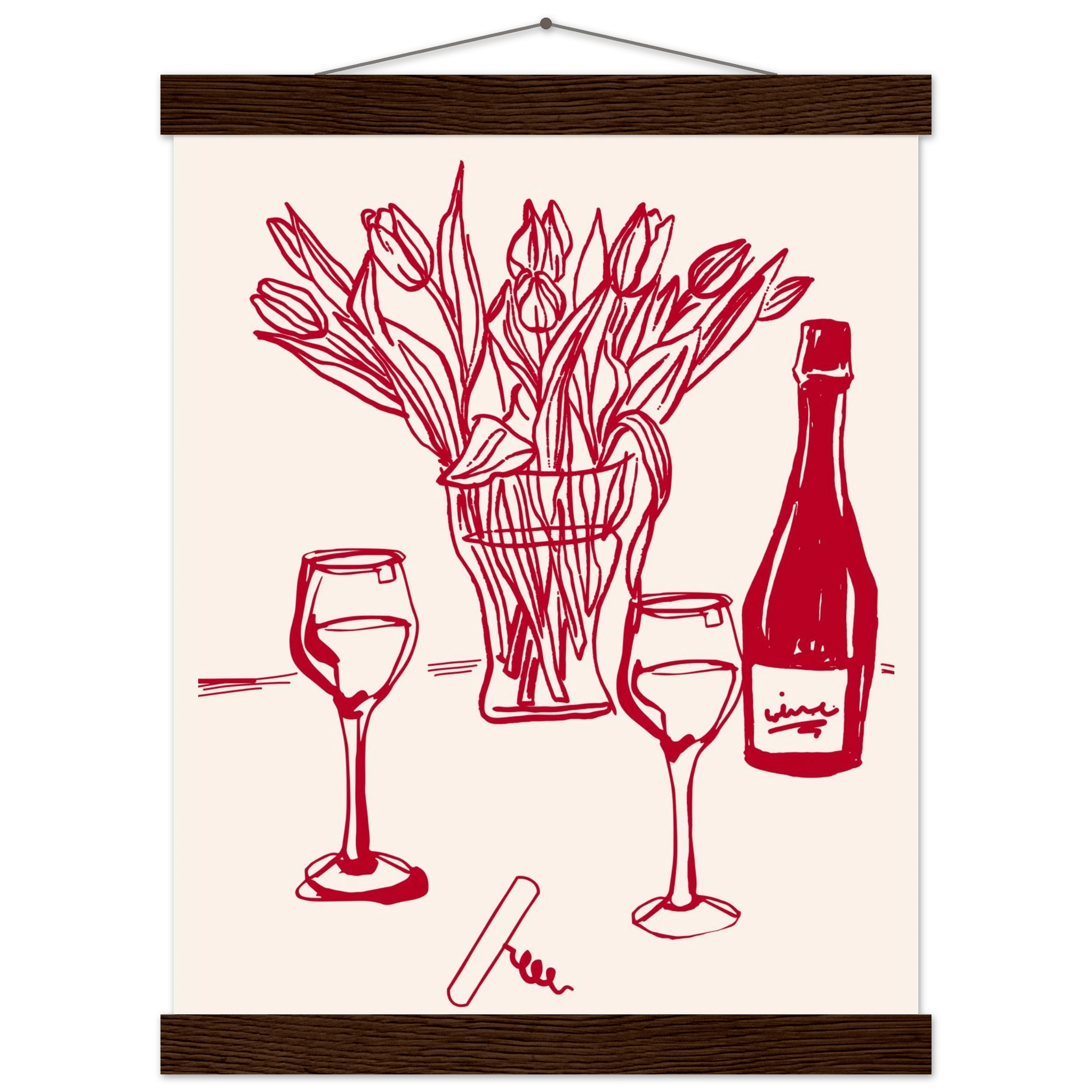 Red Wine & Tulips Print | Line Art Wine Bottle Wall Art | Kitchen Poster - Evergreen Posters