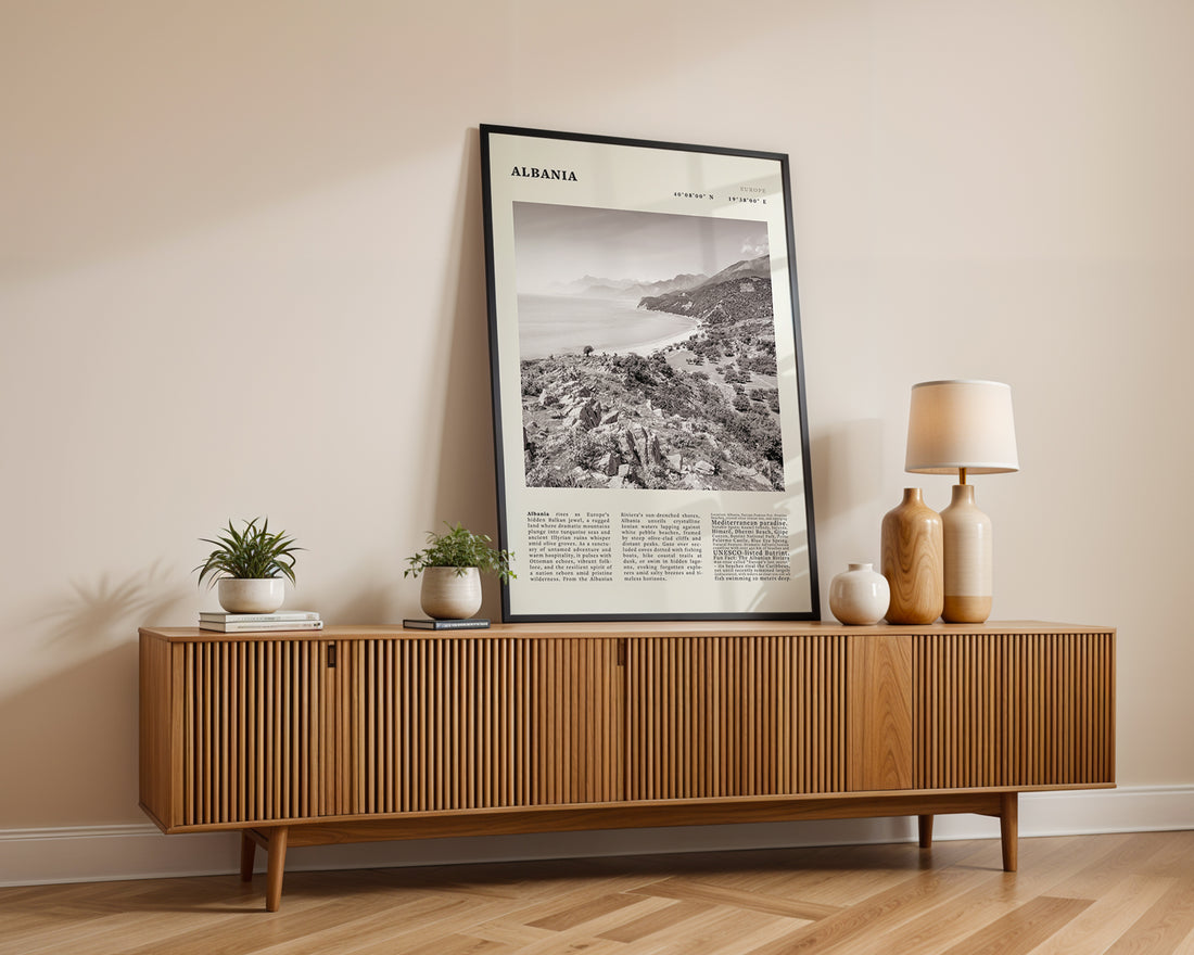 Albania Poster Black and White – Vintage Albanian Riviera Travel Print (Digital & Printed Options) - Evergreen Posters