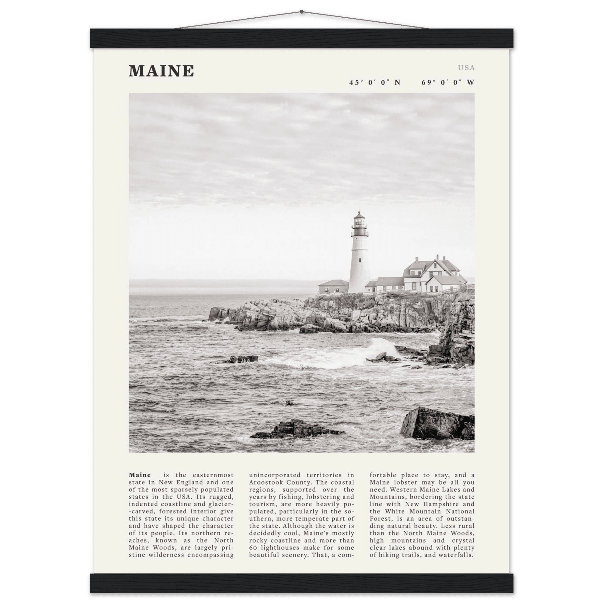 Maine Poster | Black & White Lighthouse Wall Art | New England Coastal Travel Print - Evergreen Posters