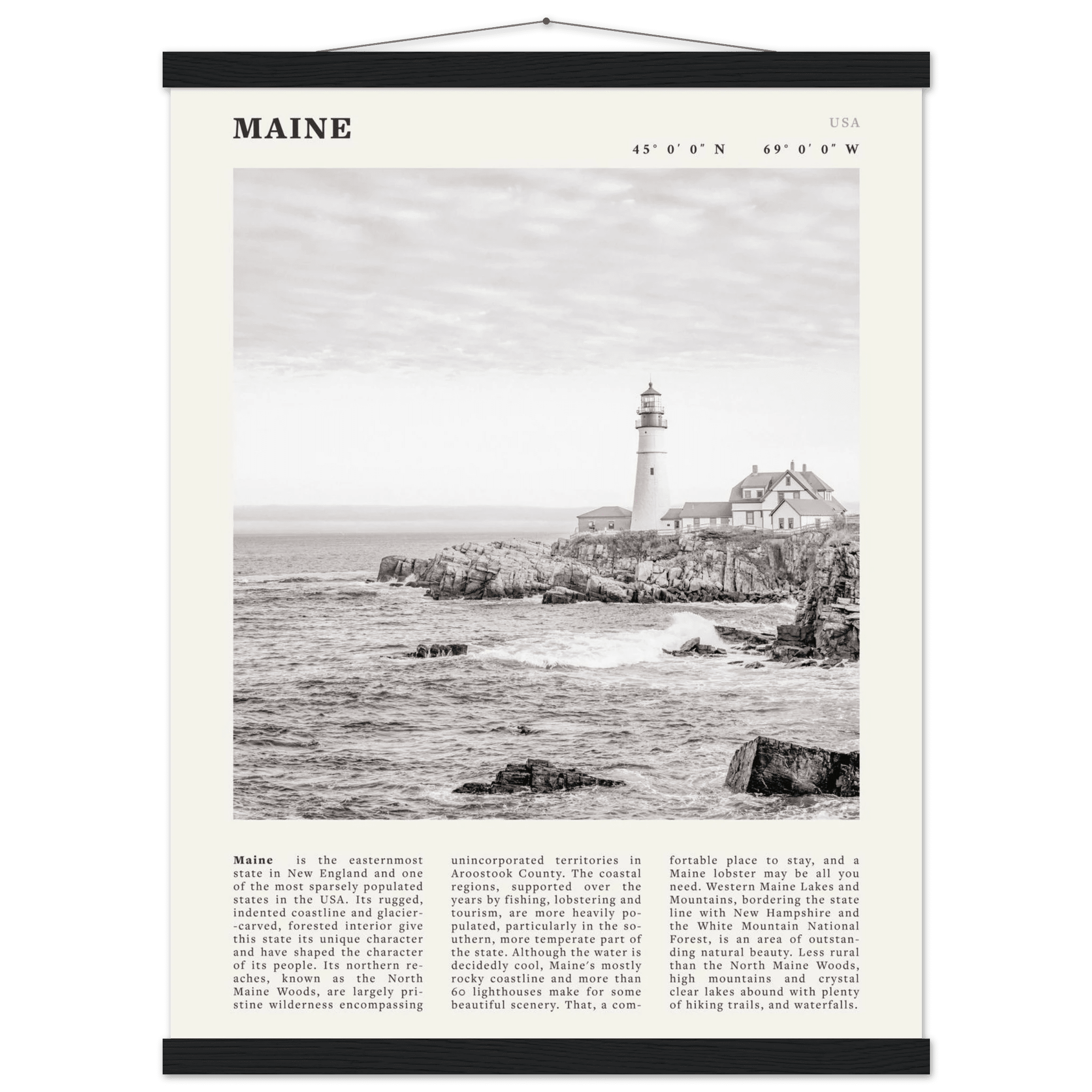 Maine Poster | Black & White Lighthouse Wall Art | New England Coastal Travel Print - Evergreen Posters