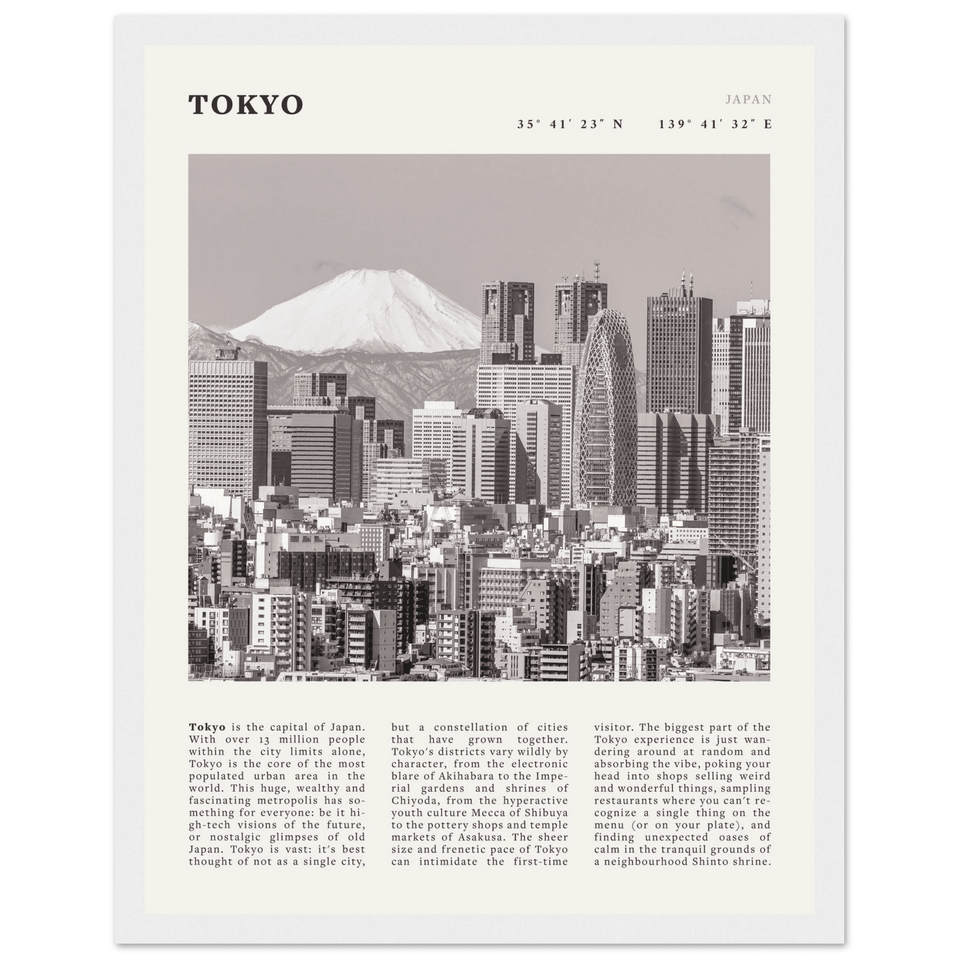 Tokyo Poster | Black & White Mount Fuji Skyline Wall Art | Japan Travel Print - Evergreen Posters