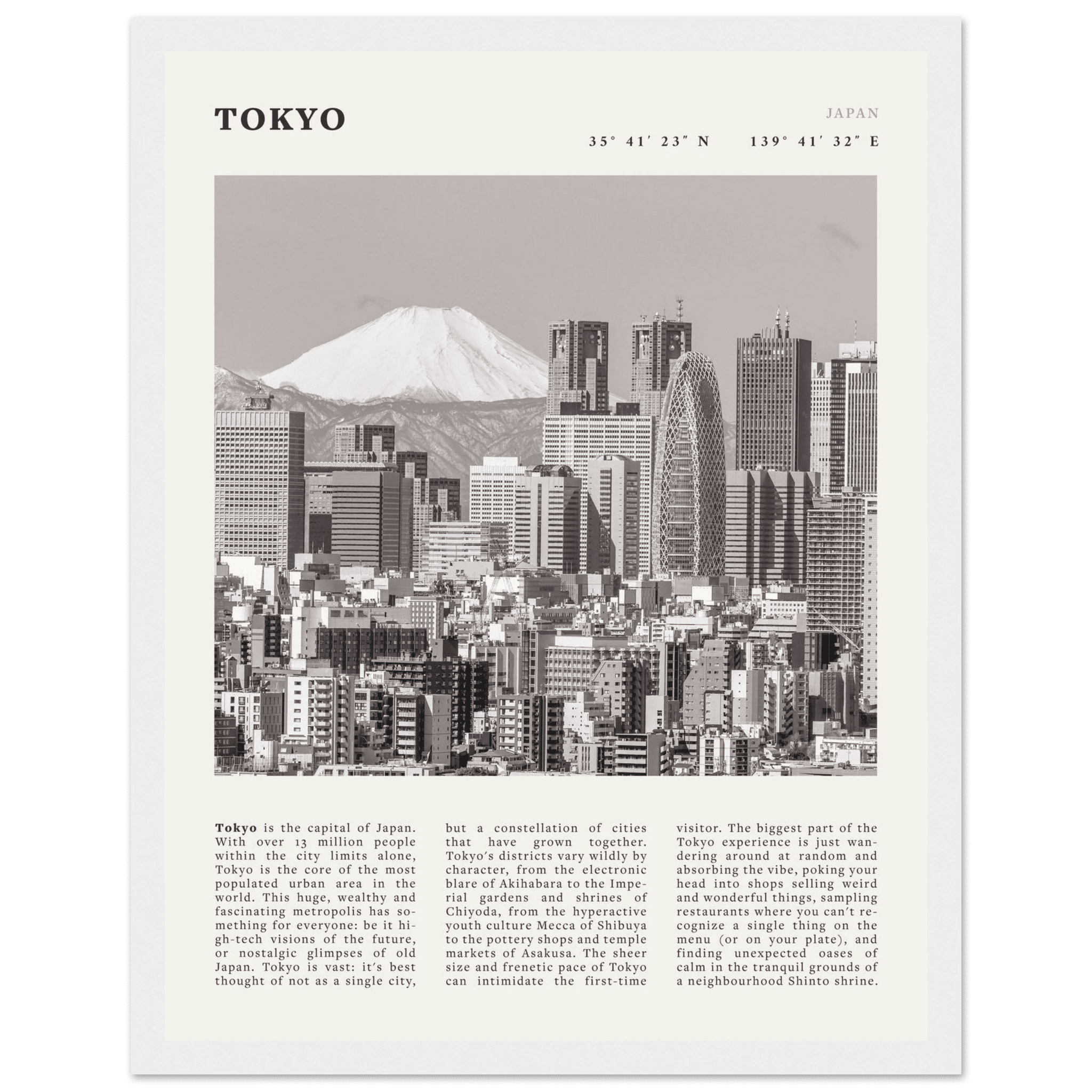 Tokyo Poster | Black & White Mount Fuji Skyline Wall Art | Japan Travel Print - Evergreen Posters
