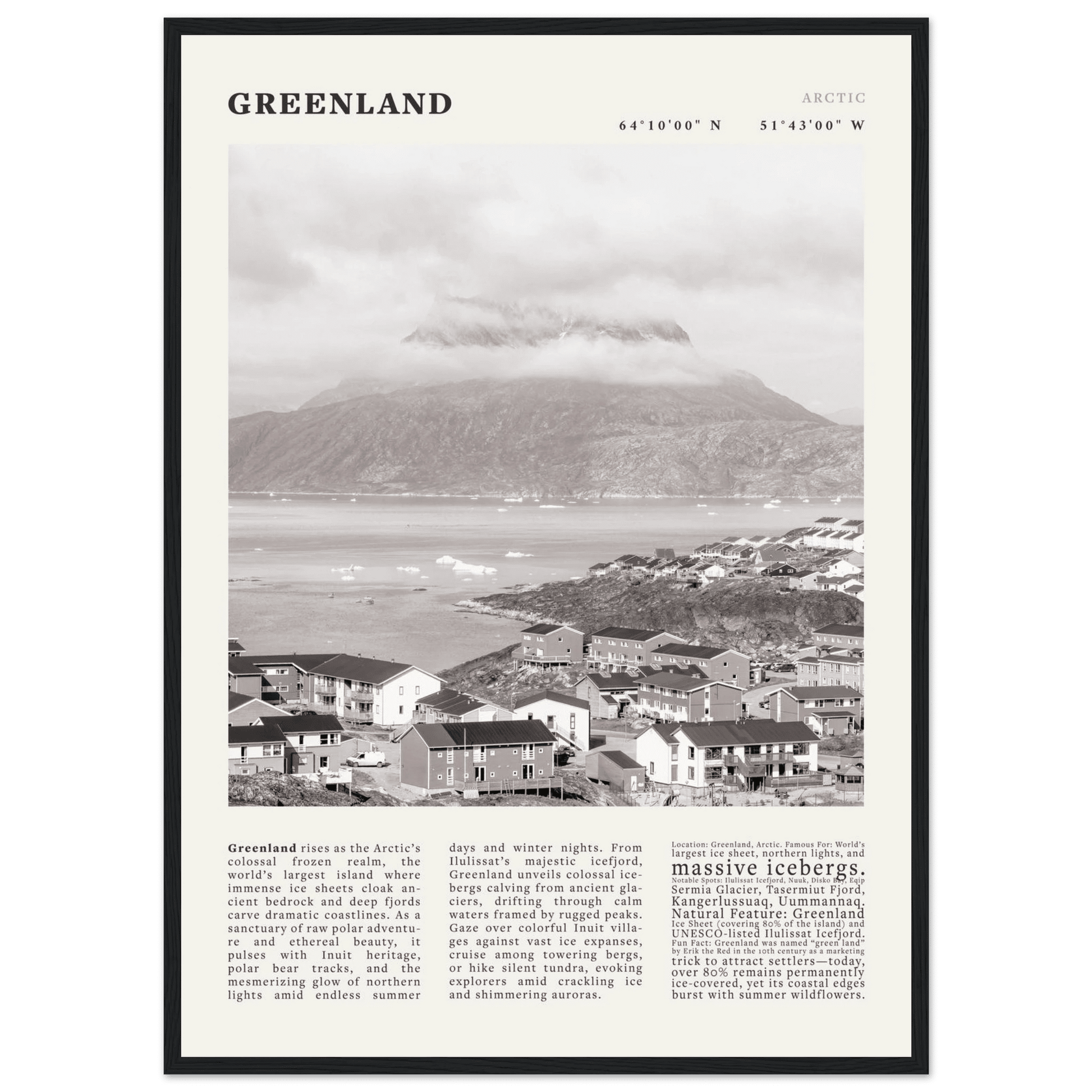 Greenland Poster Black and White – Vintage Arctic Fjord Landscape Print (Digital & Printed Options) - Evergreen Posters
