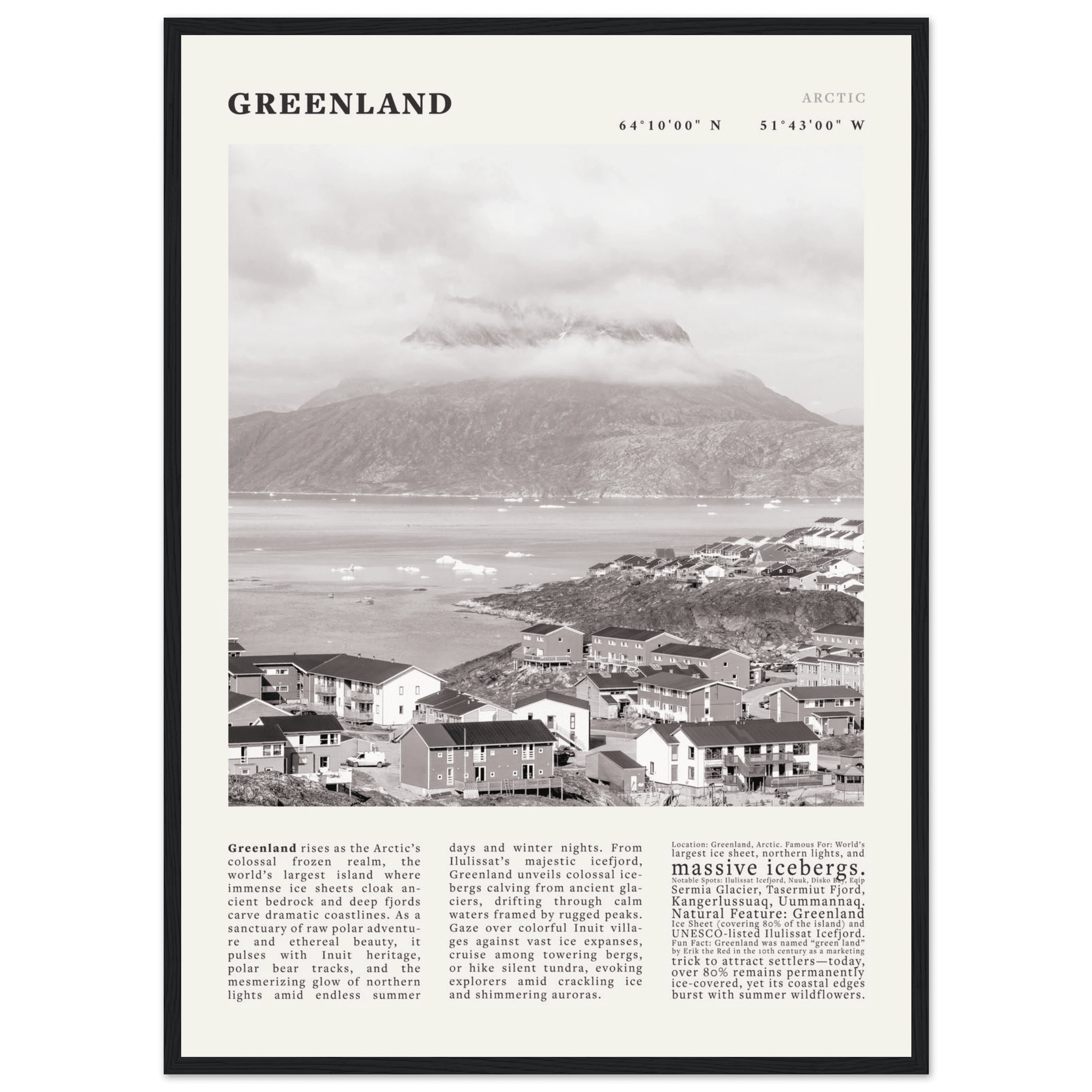Greenland Poster Black and White – Vintage Arctic Fjord Landscape Print (Digital & Printed Options) - Evergreen Posters