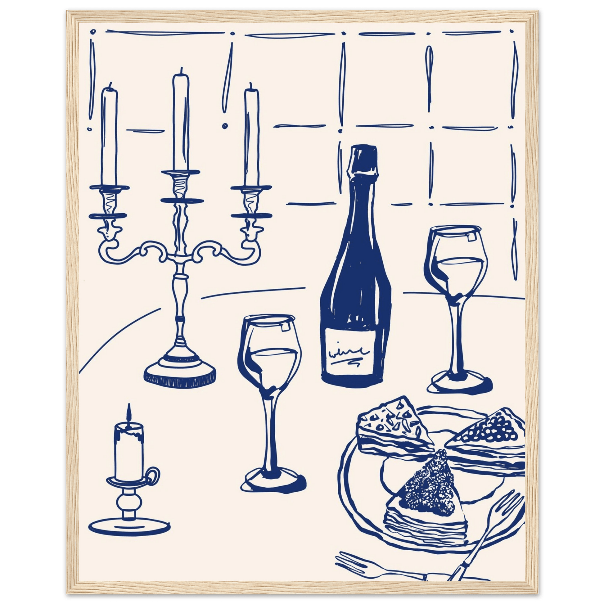 Candlelight Dinner Print | Navy Blue Wine & Candelabra Line Art | Kitchen Poster - Evergreen Posters