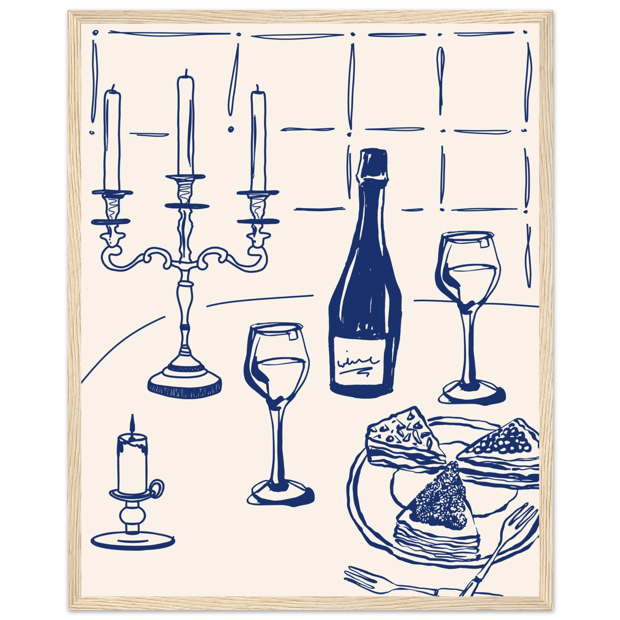 Candlelight Dinner Print | Navy Blue Wine & Candelabra Line Art | Kitchen Poster - Evergreen Posters