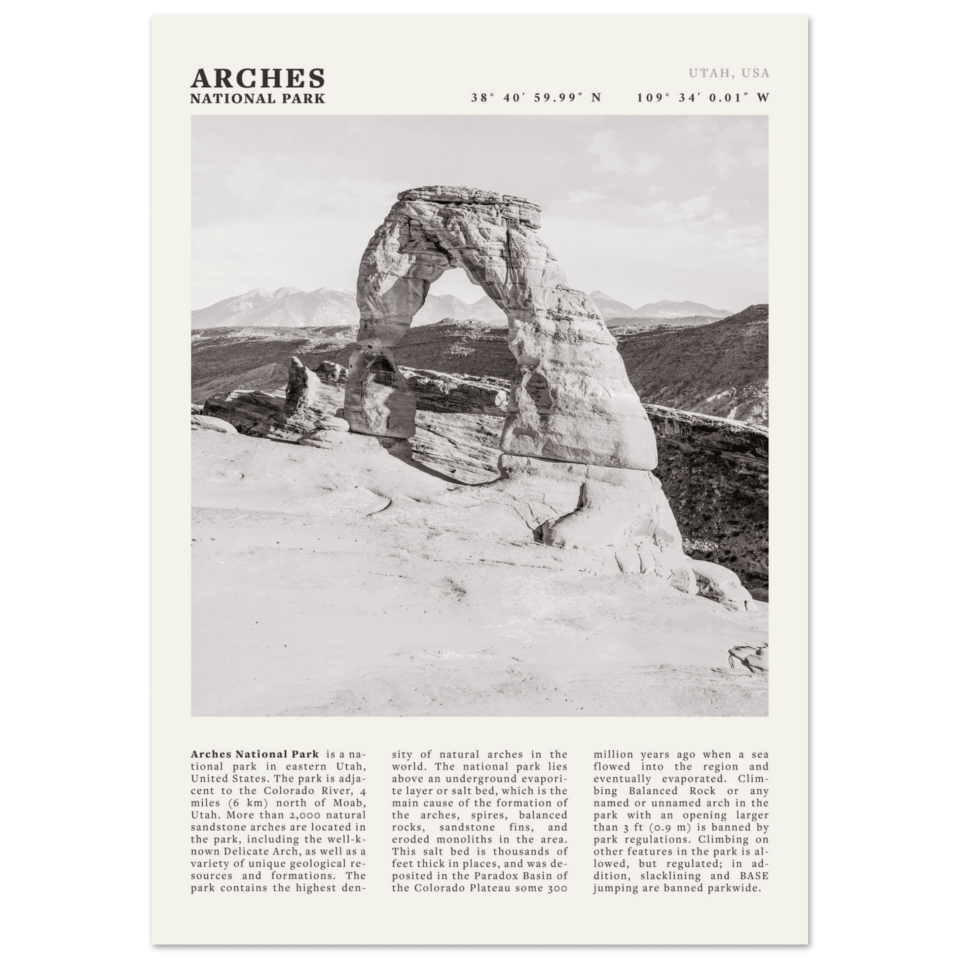 Arches National Park Poster | Black & White Utah Wall Art | Delicate Arch Print - Evergreen Posters
