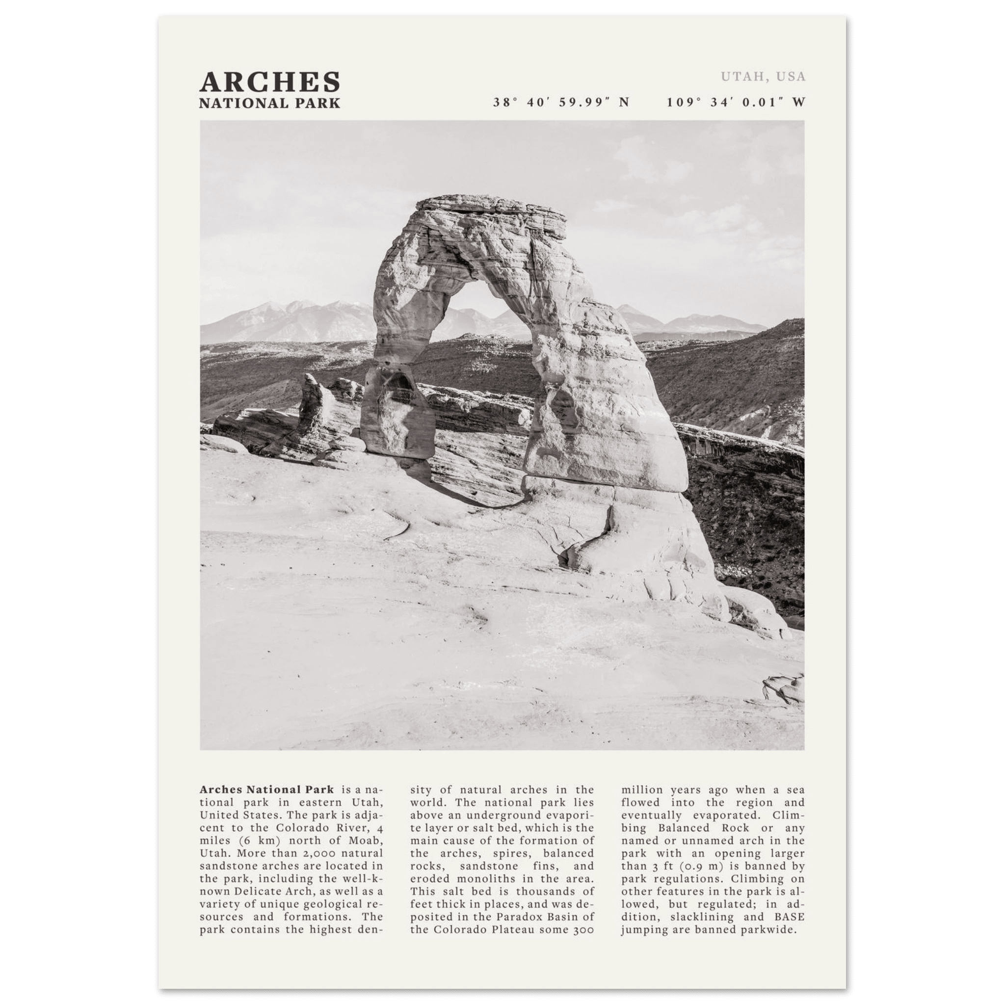 Arches National Park Poster | Black & White Utah Wall Art | Delicate Arch Print - Evergreen Posters