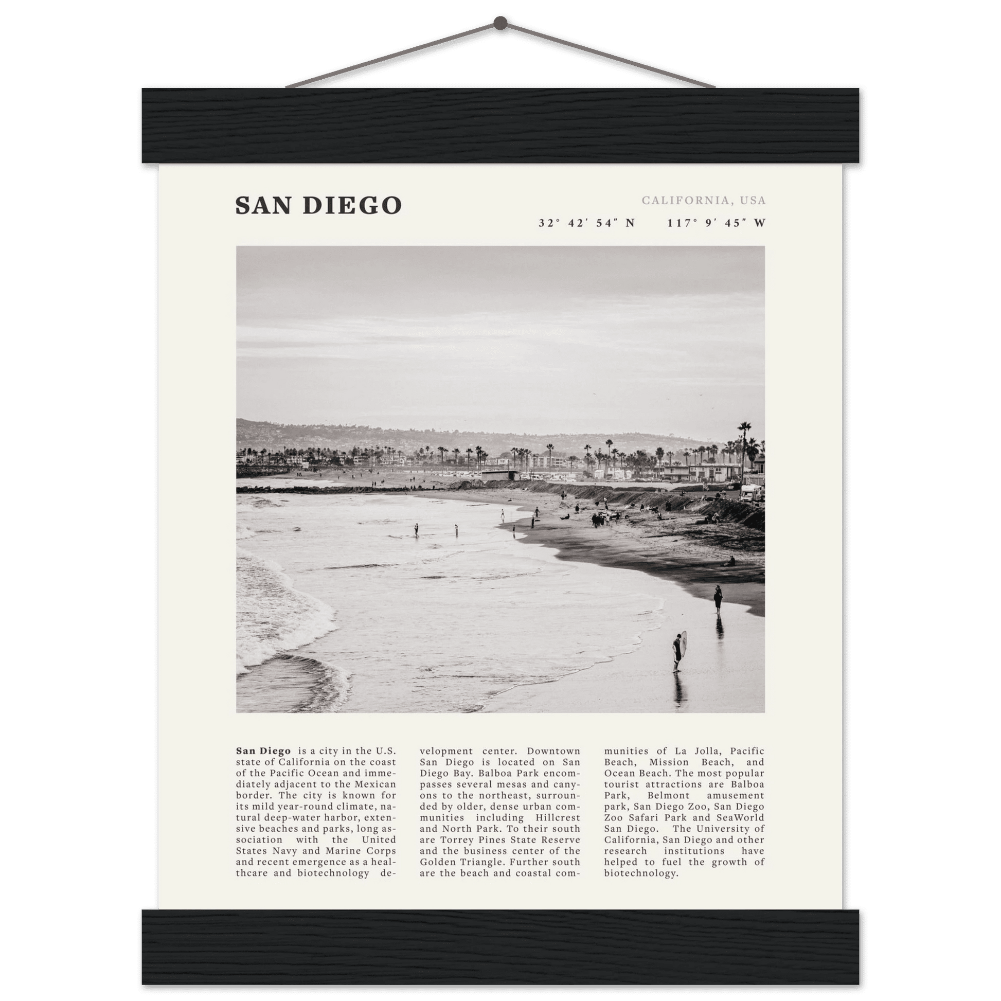 San Diego Poster | Black & White California Beach Wall Art | Coastal Travel Print Decor - Evergreen Posters
