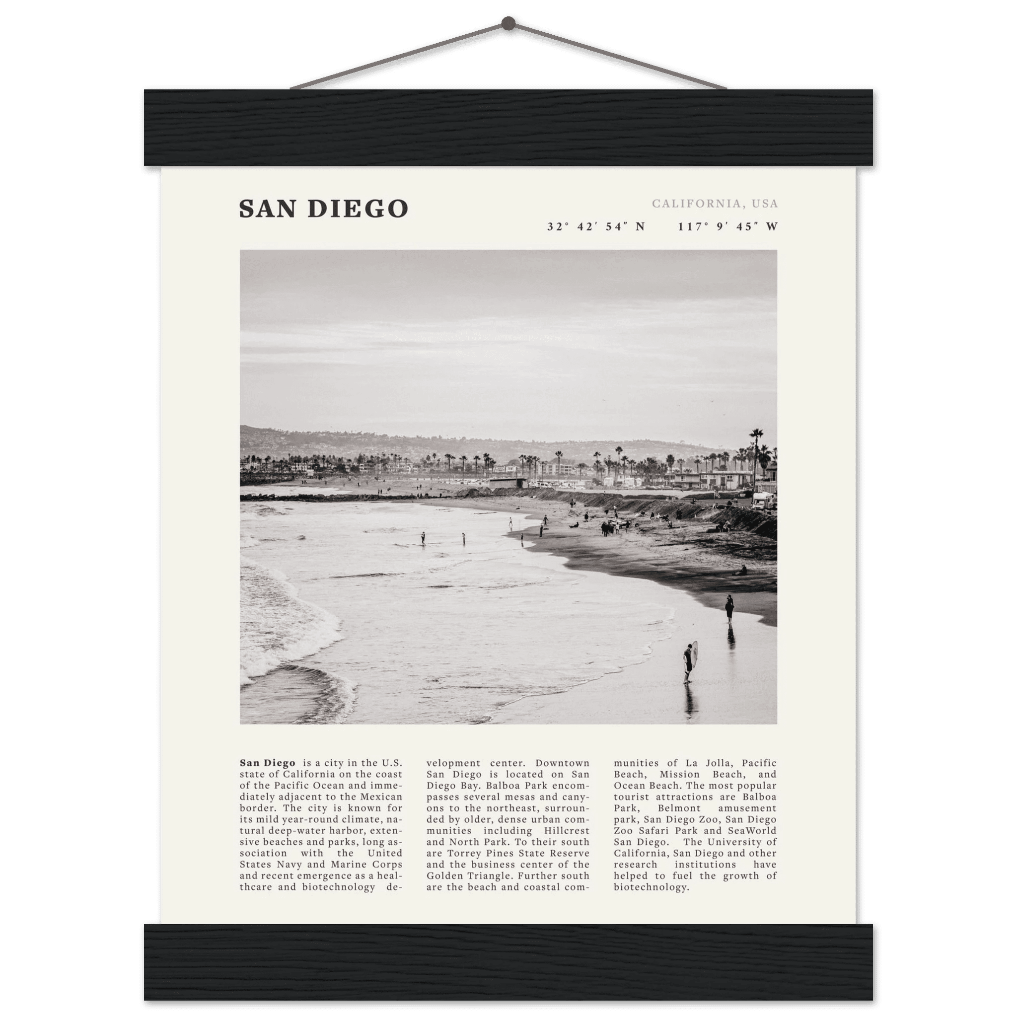 San Diego Poster | Black & White California Beach Wall Art | Coastal Travel Print Decor - Evergreen Posters