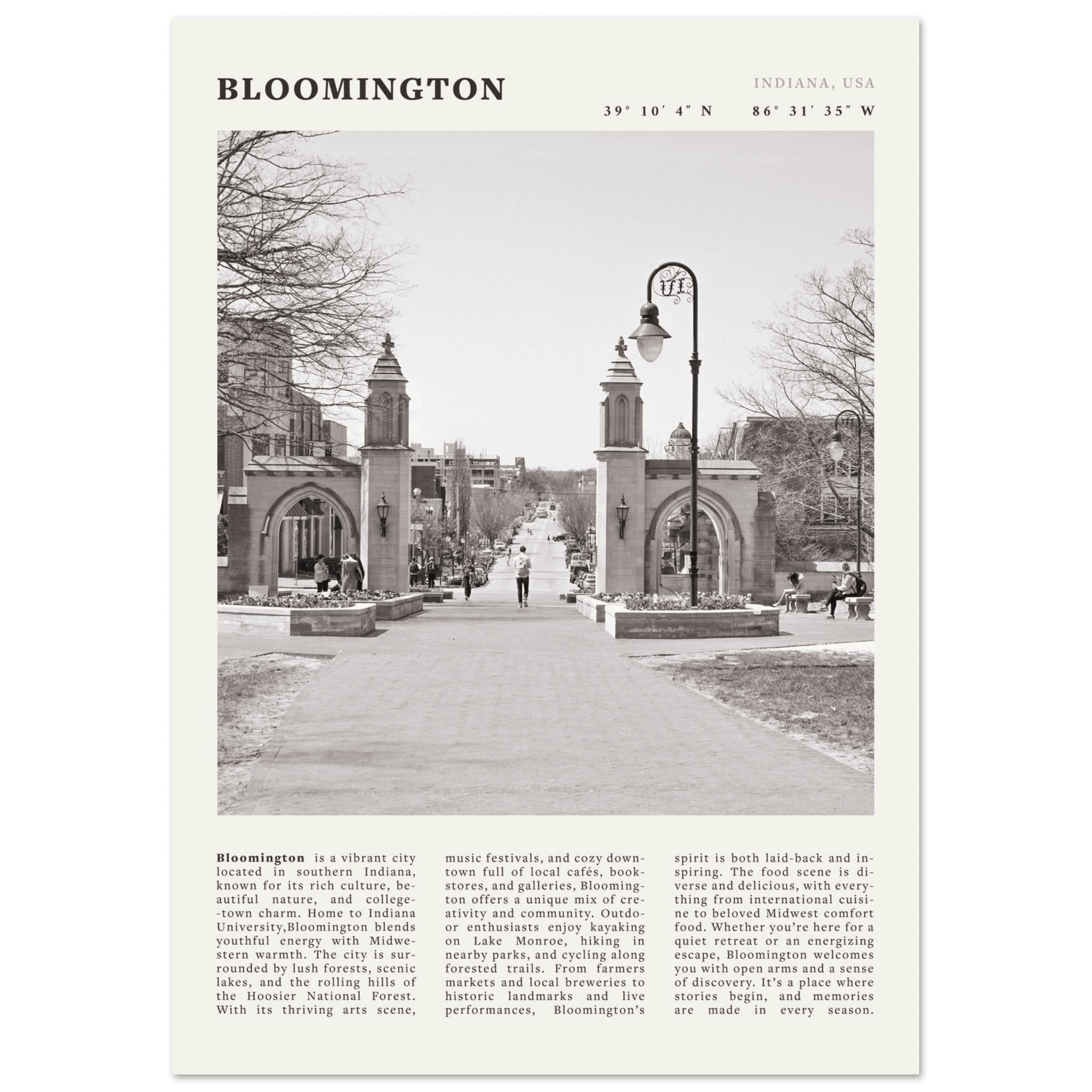 Bloomington Indiana Black and White Vintage Poster - Evergreen Posters