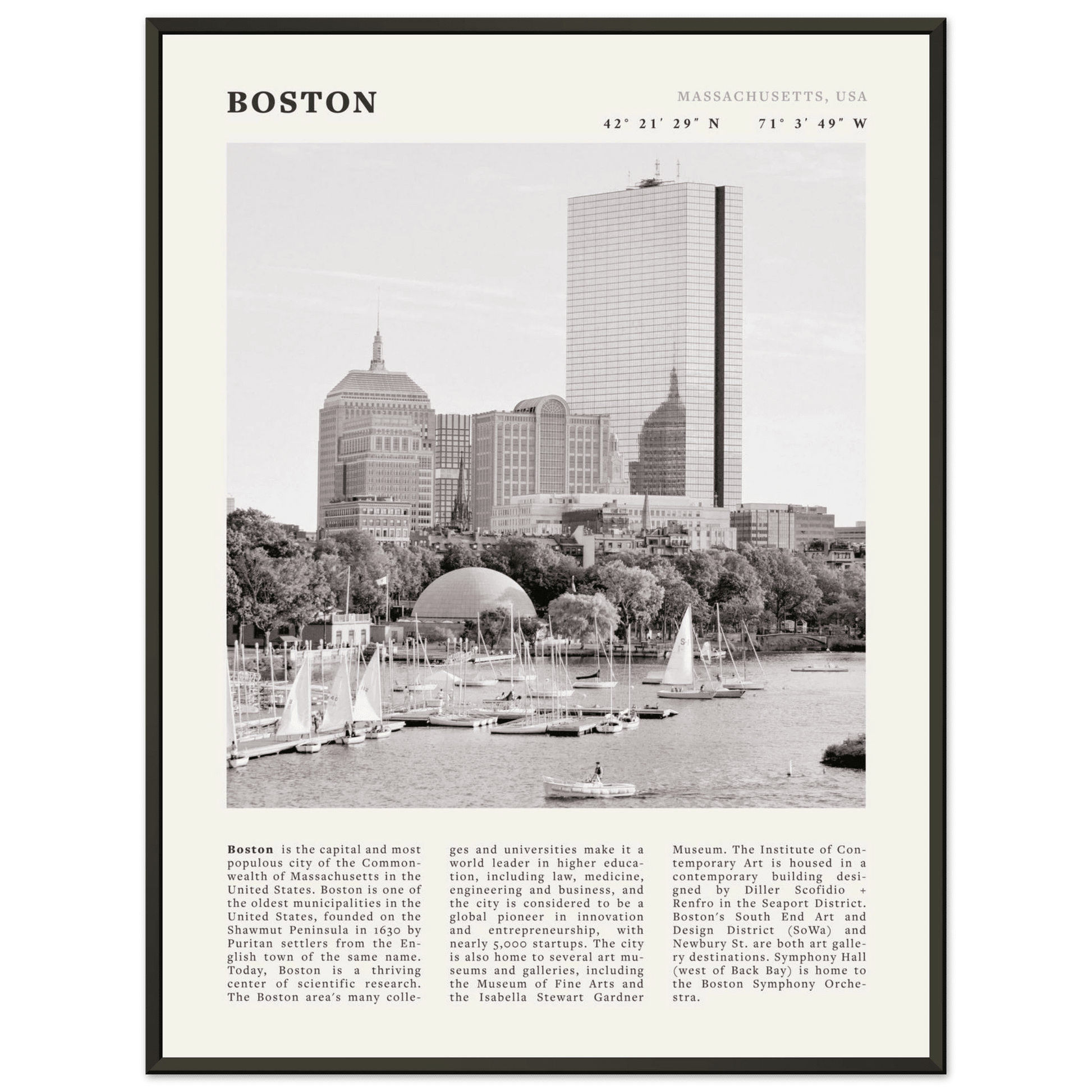 Boston Poster | Black & White Charles River Skyline Wall Art | Massachusetts Print - Evergreen Posters