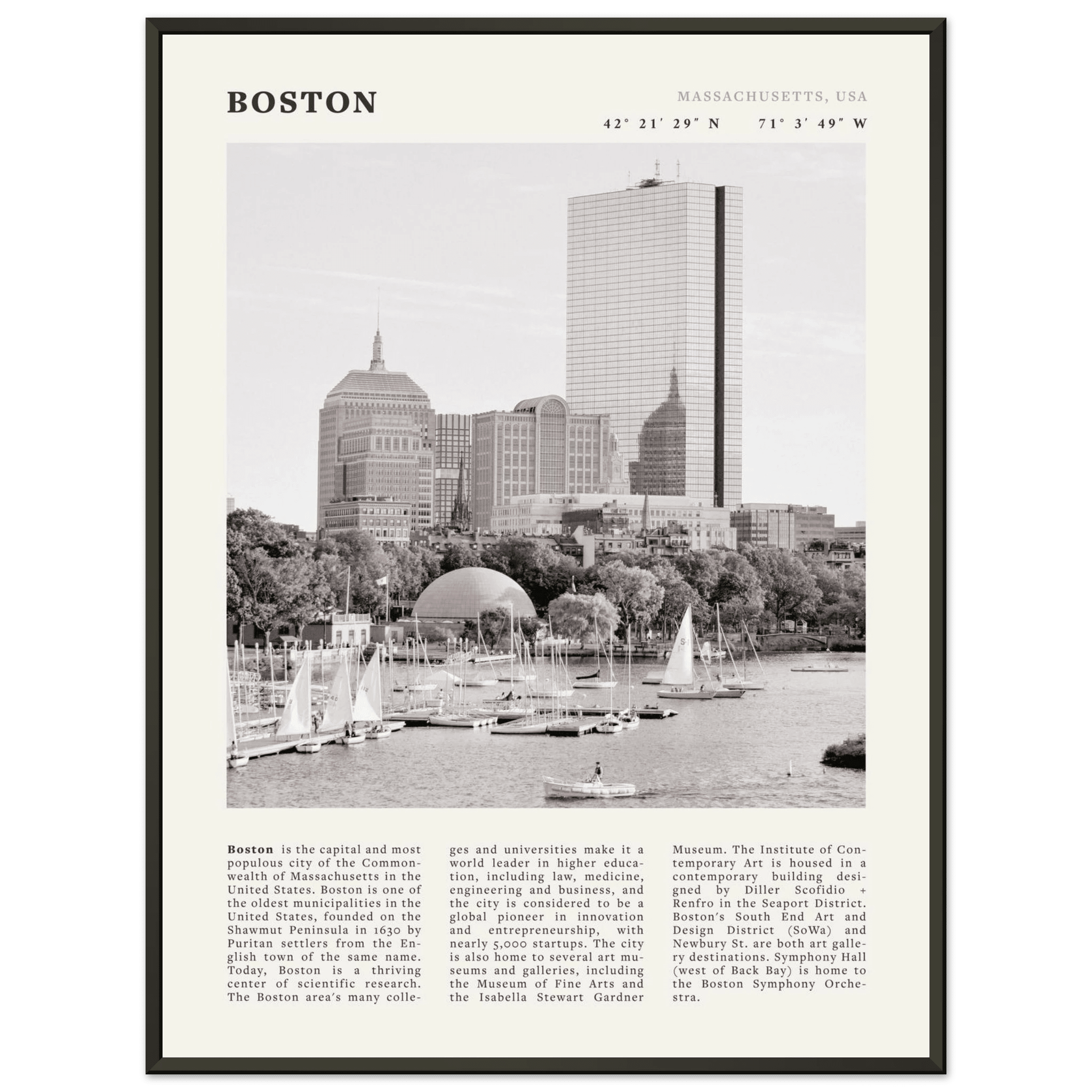 Boston Poster | Black & White Charles River Skyline Wall Art | Massachusetts Print - Evergreen Posters