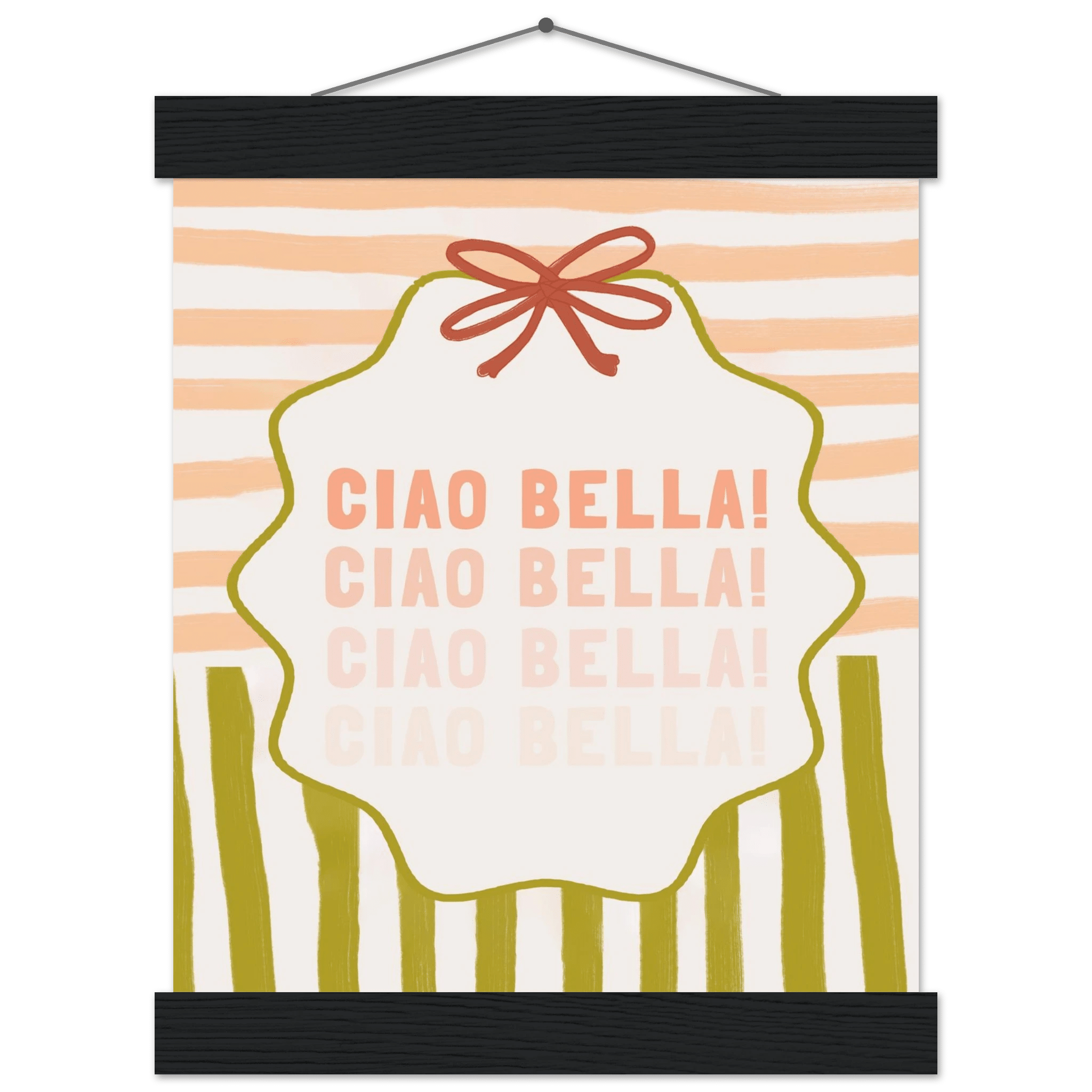 Ciao Bella Poster | Italian Typography Wall Art | Retro Stripe Bow Print | Cute Room Decor - Evergreen Posters