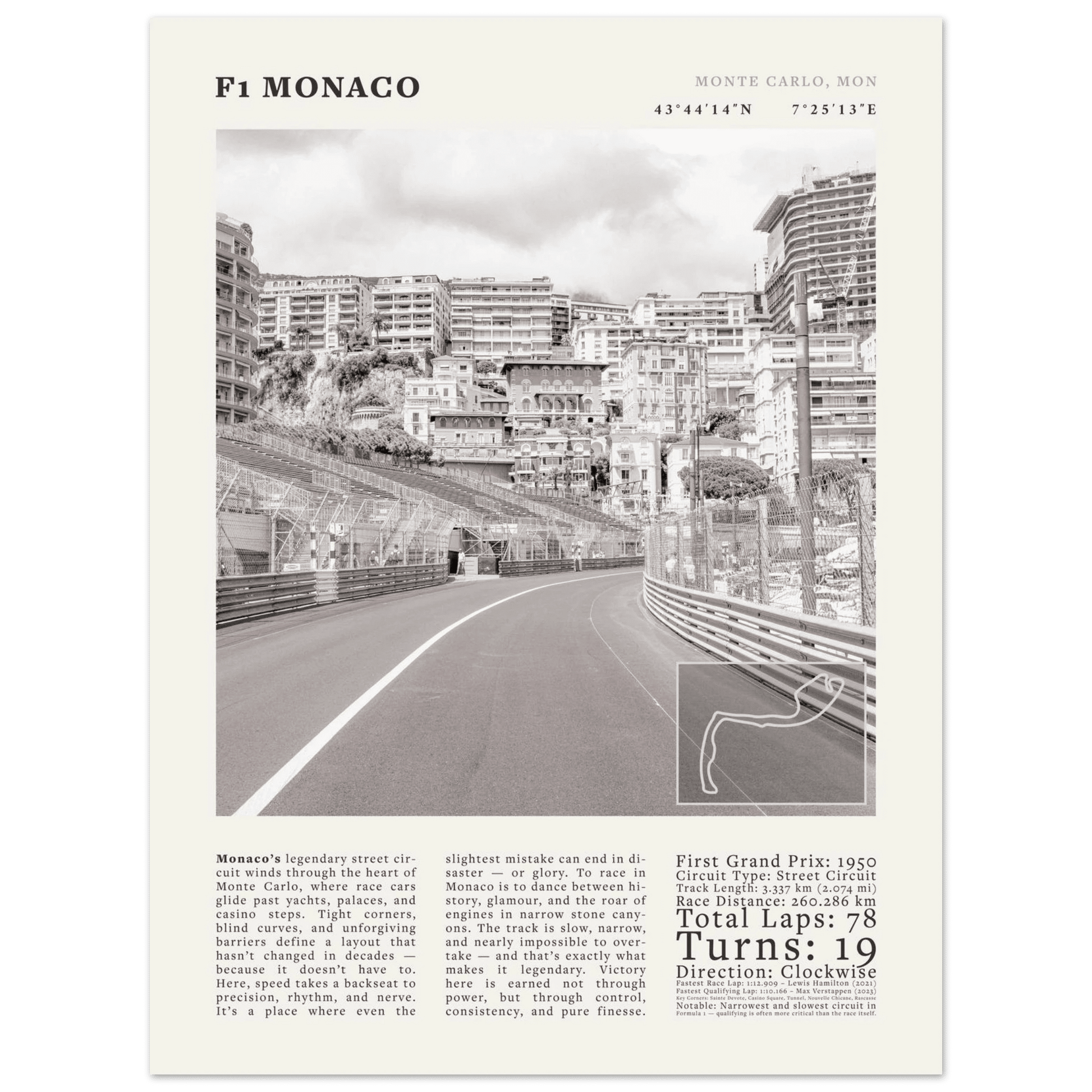 F1 Monaco Poster Black and White – Vintage Monte Carlo Street Circuit Print (Digital & Printed Options) - Evergreen Posters