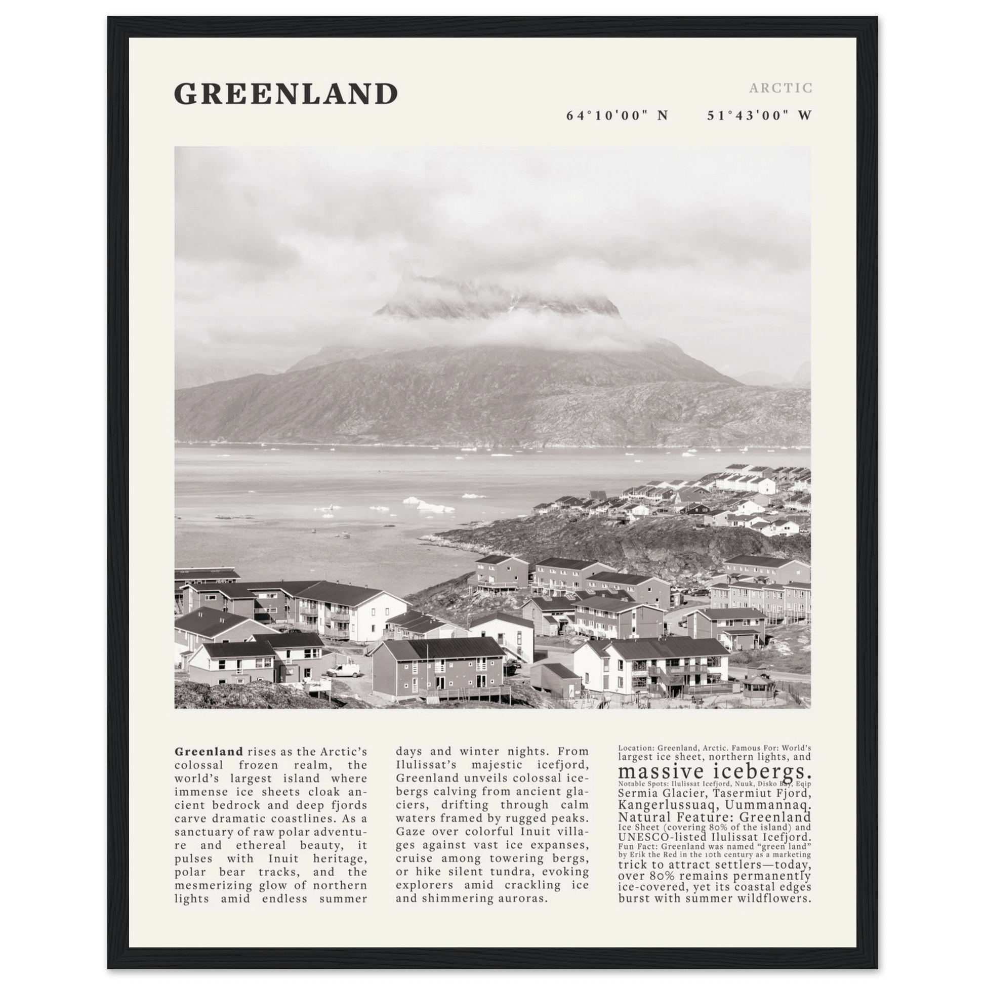Greenland Poster Black and White – Vintage Arctic Fjord Landscape Print (Digital & Printed Options) - Evergreen Posters