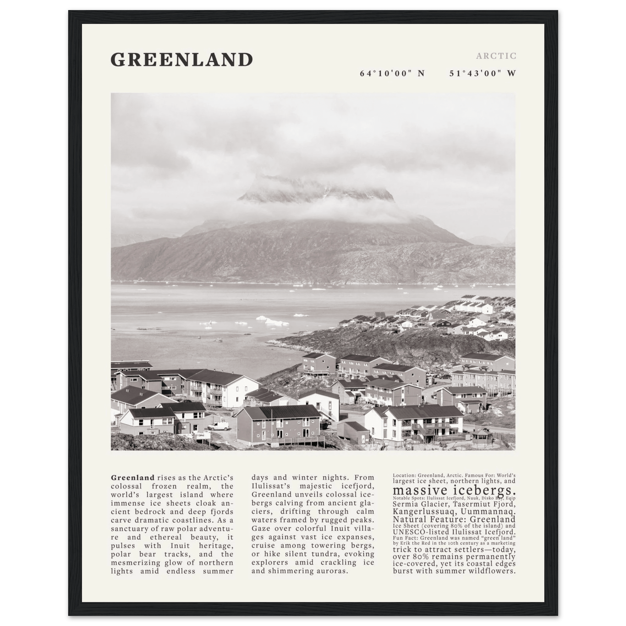 Greenland Poster Black and White – Vintage Arctic Fjord Landscape Print (Digital & Printed Options) - Evergreen Posters
