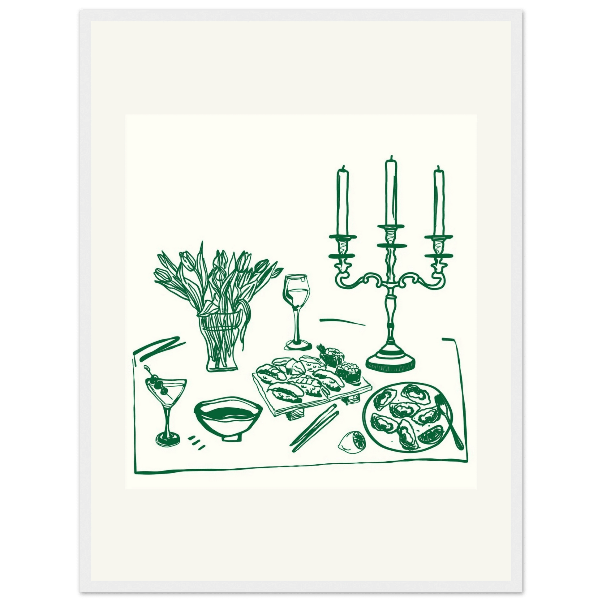 Fine Dining Table Print | Green Line Art Kitchen Wall Art | Elegant Dining Room Poster - Evergreen Posters