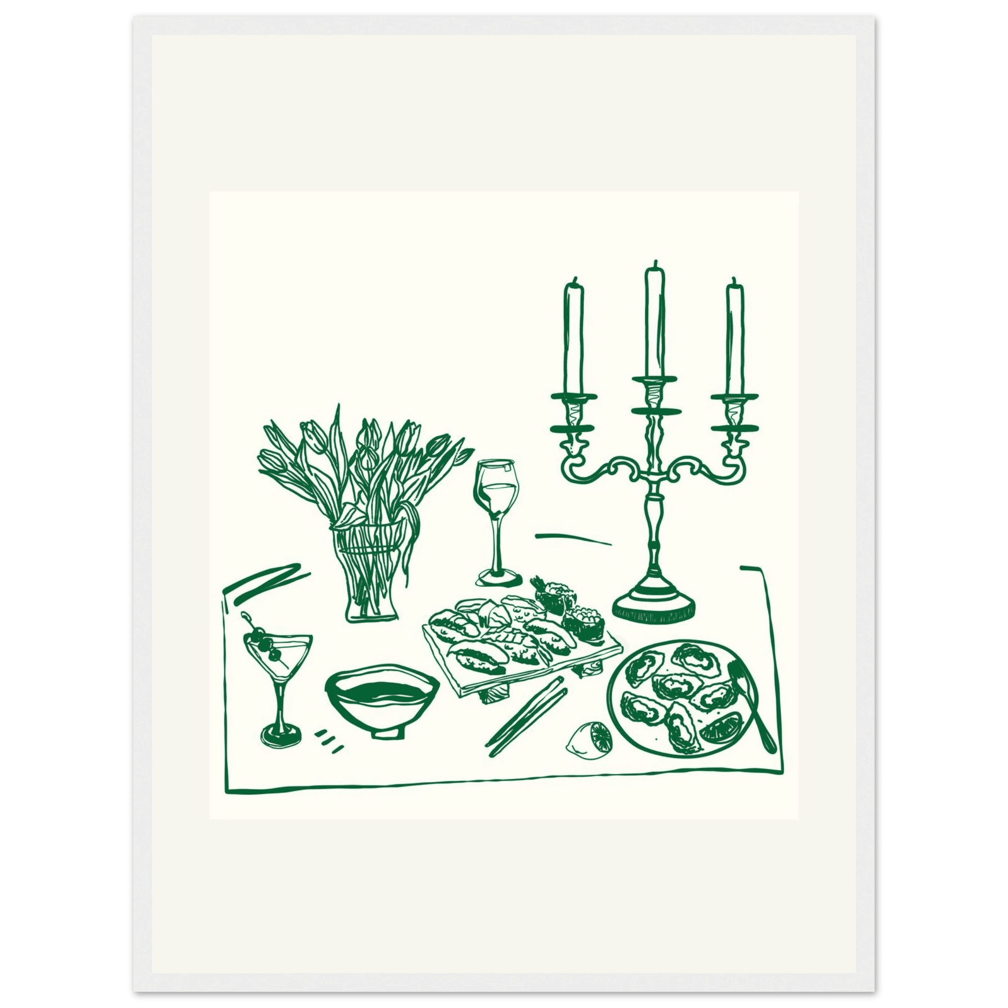 Fine Dining Table Print | Green Line Art Kitchen Wall Art | Elegant Dining Room Poster - Evergreen Posters