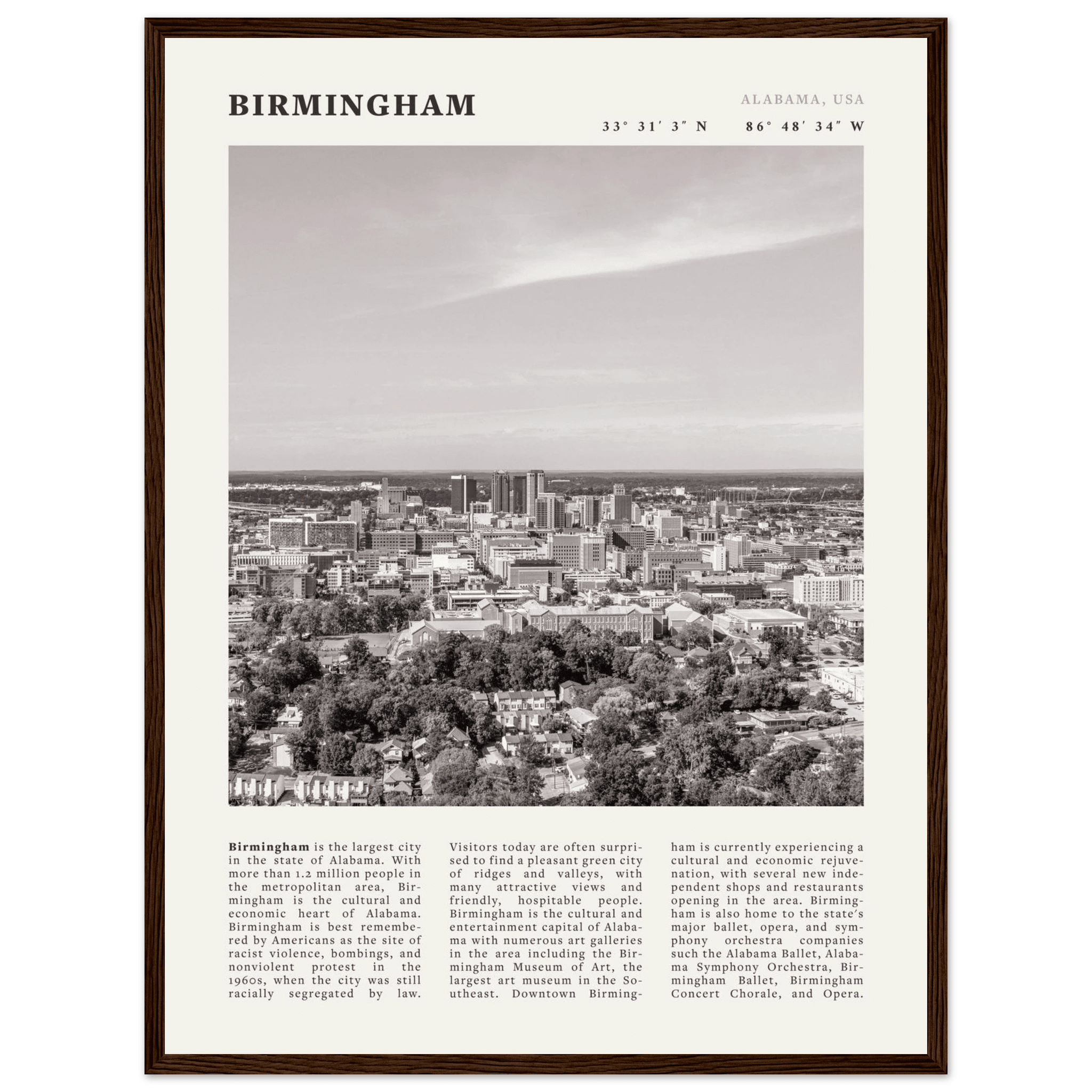 Birmingham Poster | Black & White Alabama Skyline Wall Art | AL Travel Print - Evergreen Posters