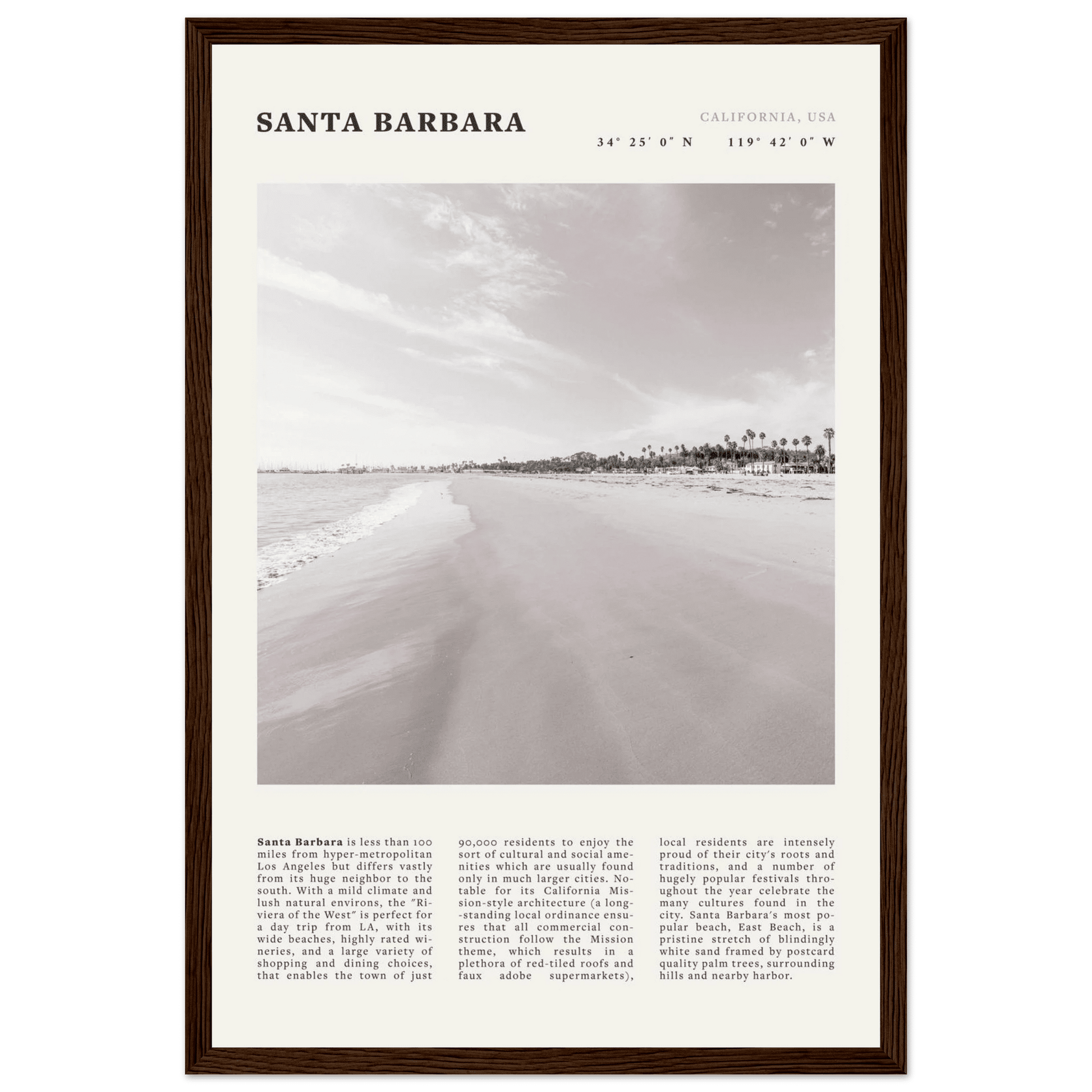 Santa Barbara Poster | Black & White California Beach Wall Art | CA Travel Print - Evergreen Posters