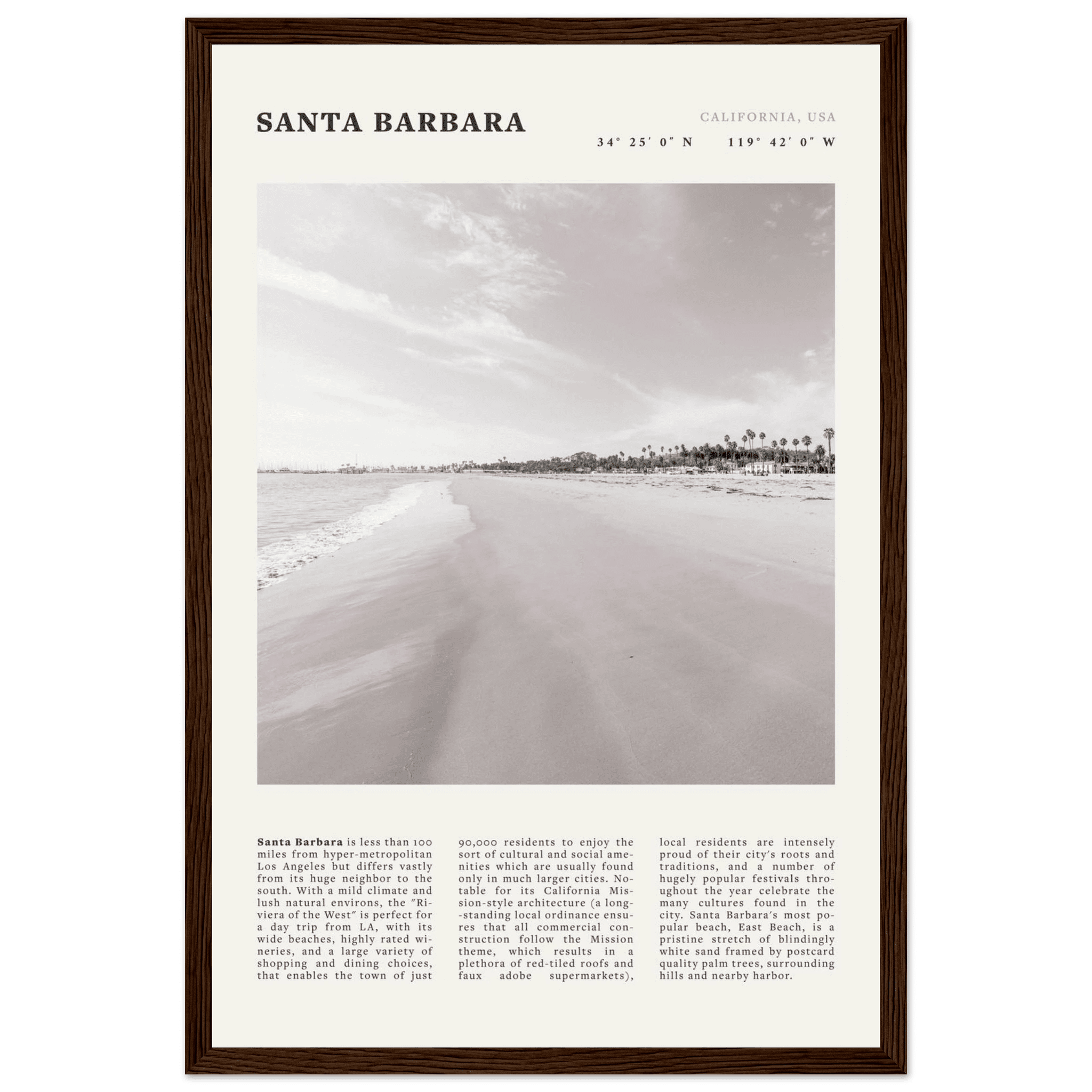 Santa Barbara Poster | Black & White California Beach Wall Art | CA Travel Print - Evergreen Posters