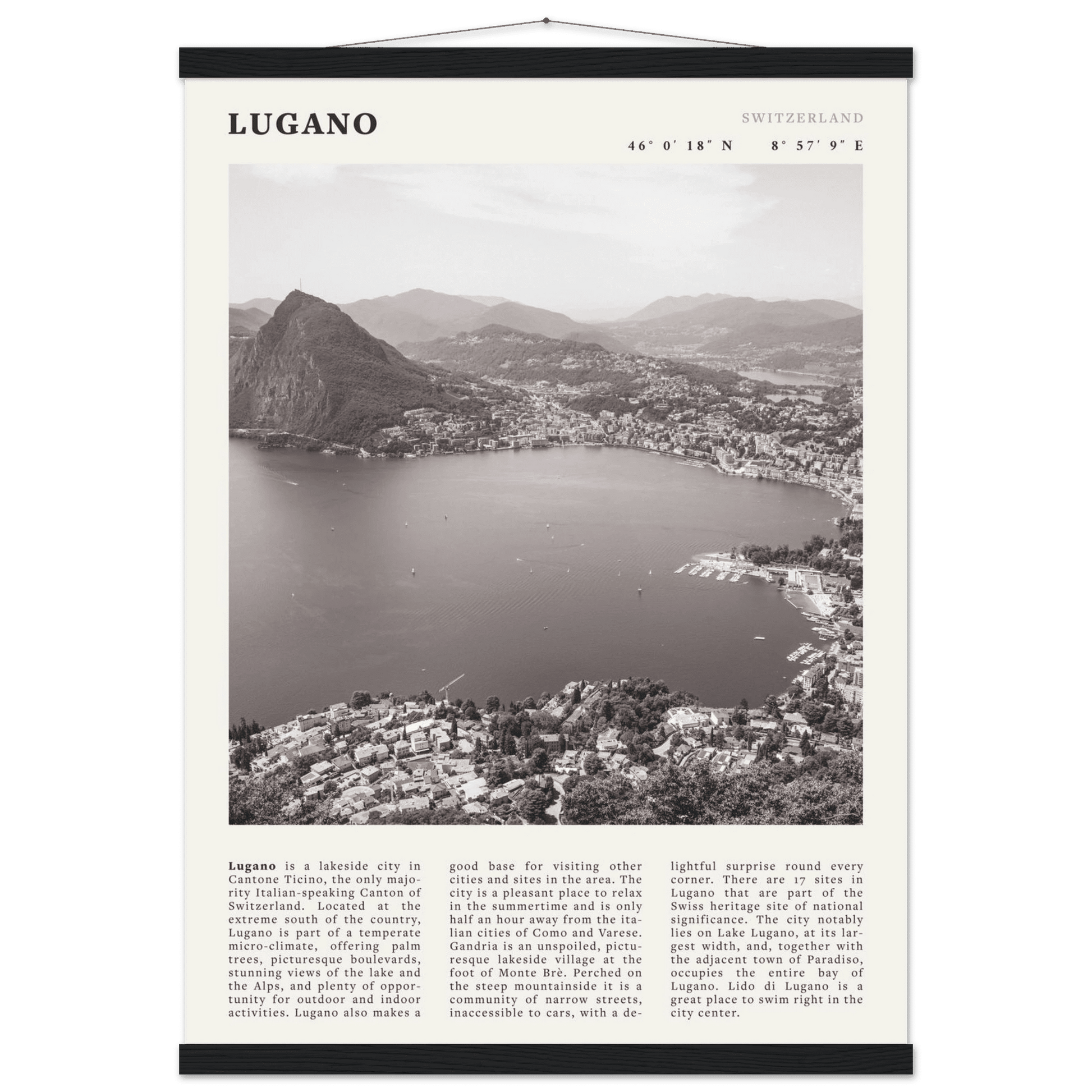 Lugano Poster | Black & White Swiss Lake Wall Art | Switzerland Travel Print - Evergreen Posters