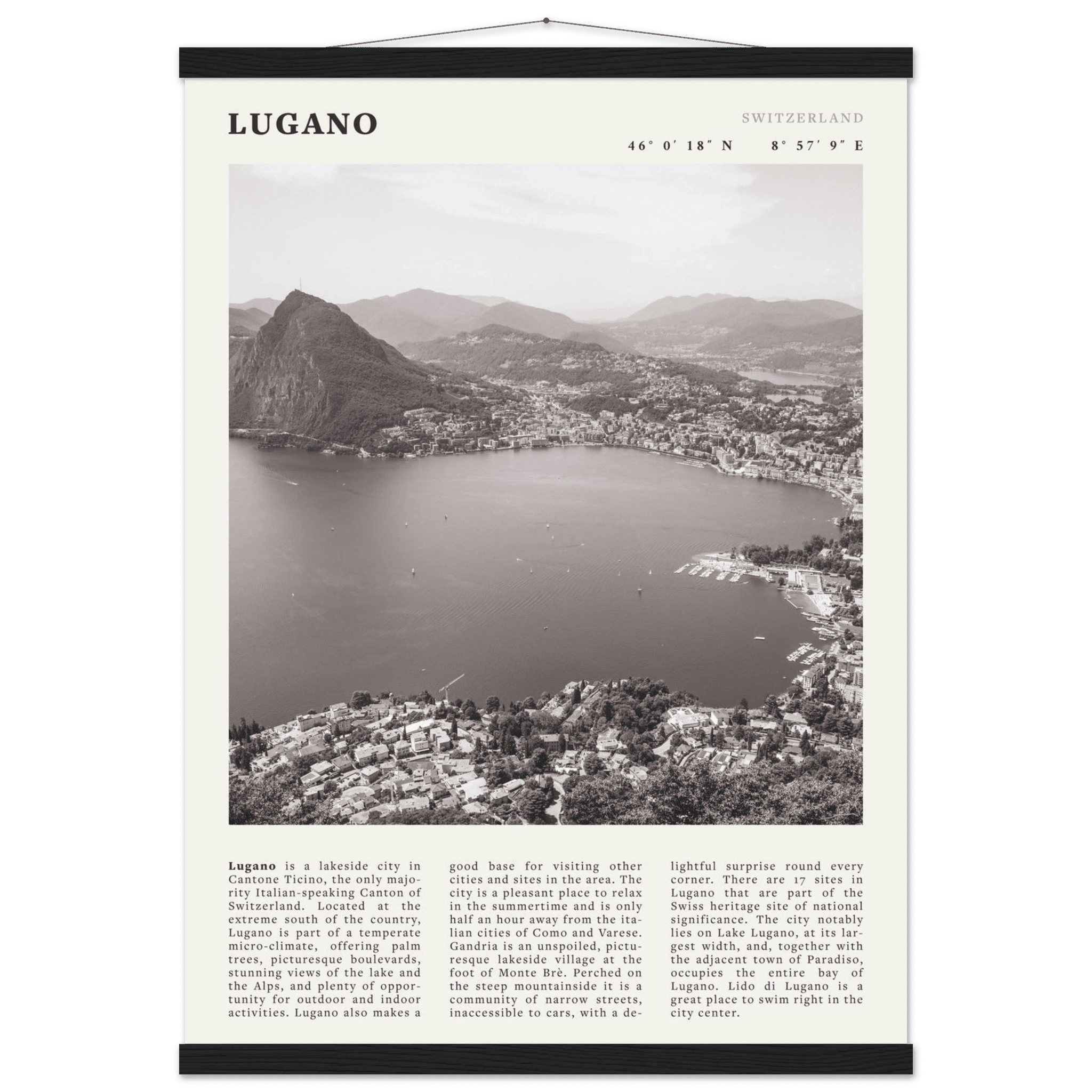 Lugano Poster | Black & White Swiss Lake Wall Art | Switzerland Travel Print - Evergreen Posters