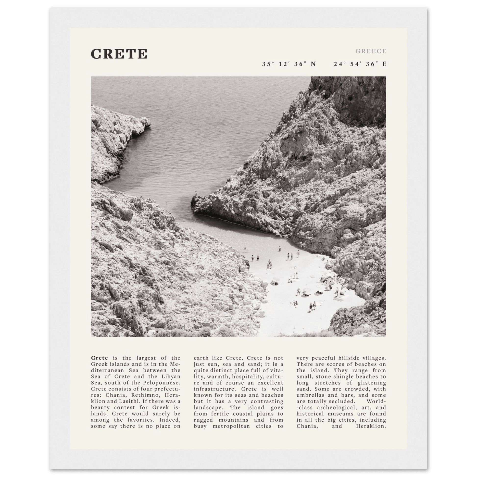Crete Poster | Black & White Greece Beach Wall Art | Mediterranean Travel Print - Evergreen Posters