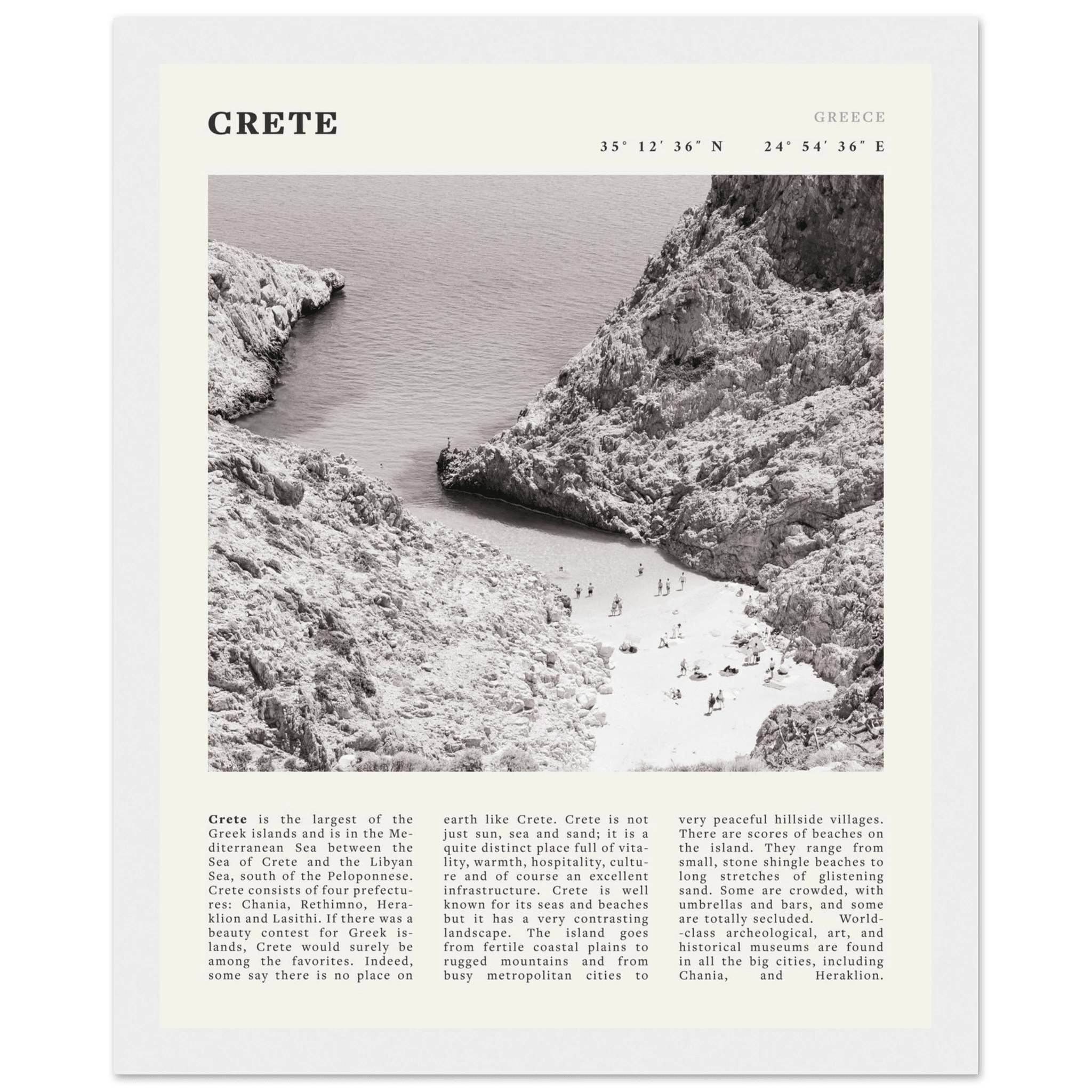 Crete Poster | Black & White Greece Beach Wall Art | Mediterranean Travel Print - Evergreen Posters