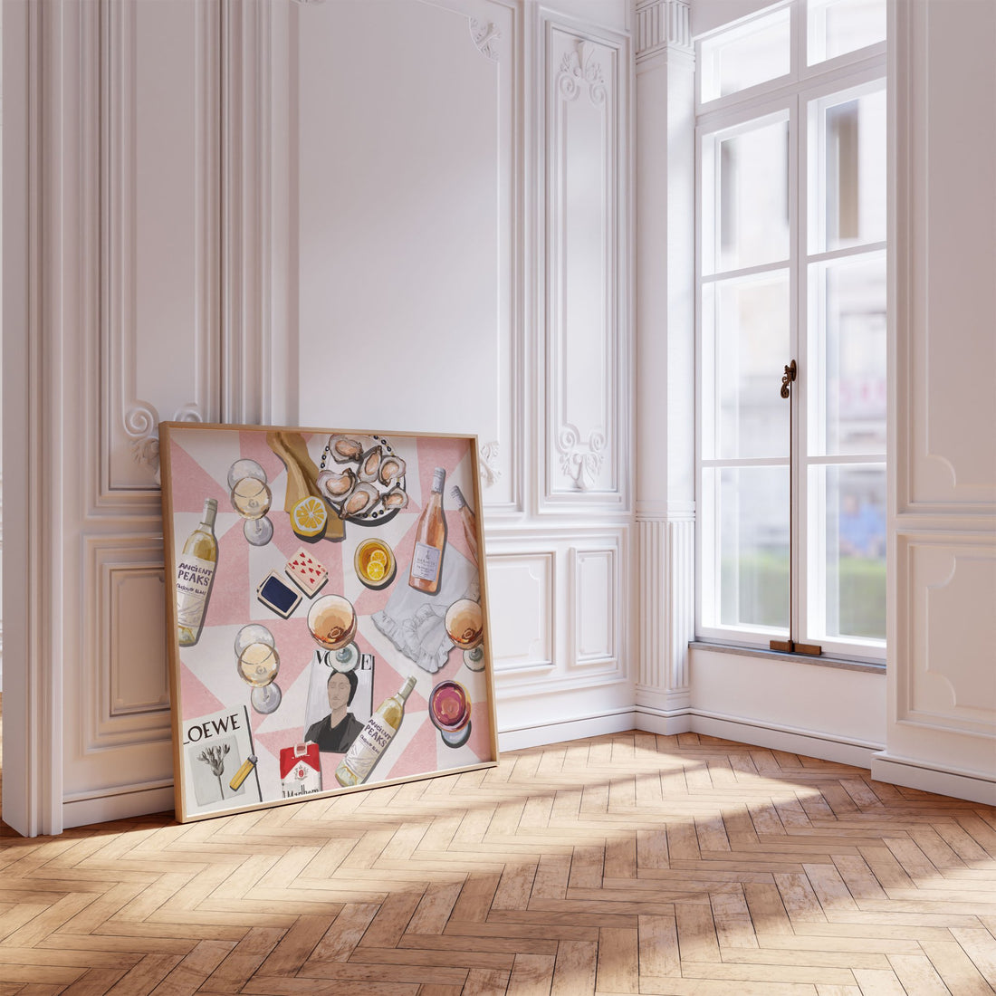 Vogue Oysters & Rosé Poster | Dopamine Decor Luxury Wall Art | Pink Tile Square Print - Evergreen Posters