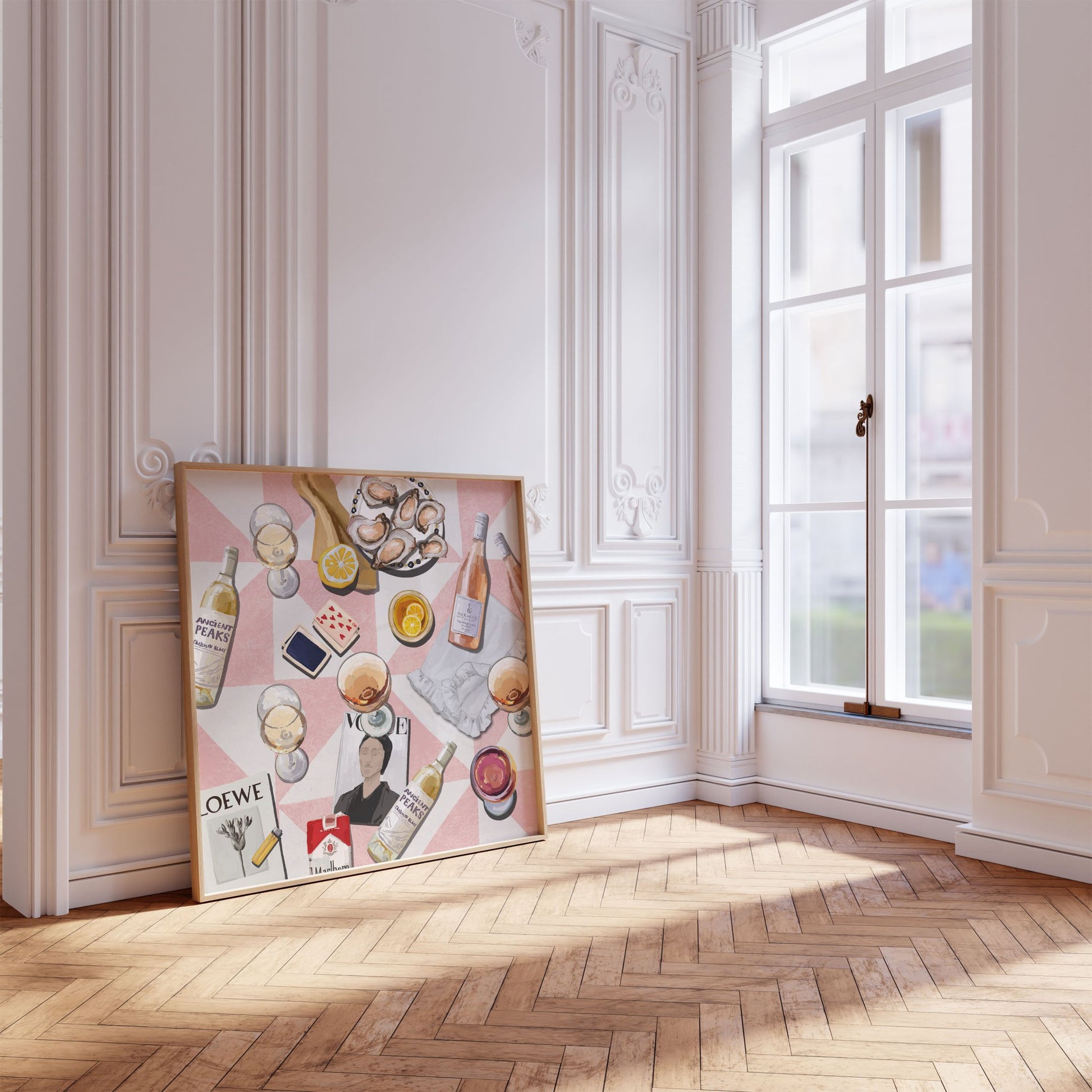 Vogue Oysters & Rosé Poster | Dopamine Decor Luxury Wall Art | Pink Tile Square Print - Evergreen Posters