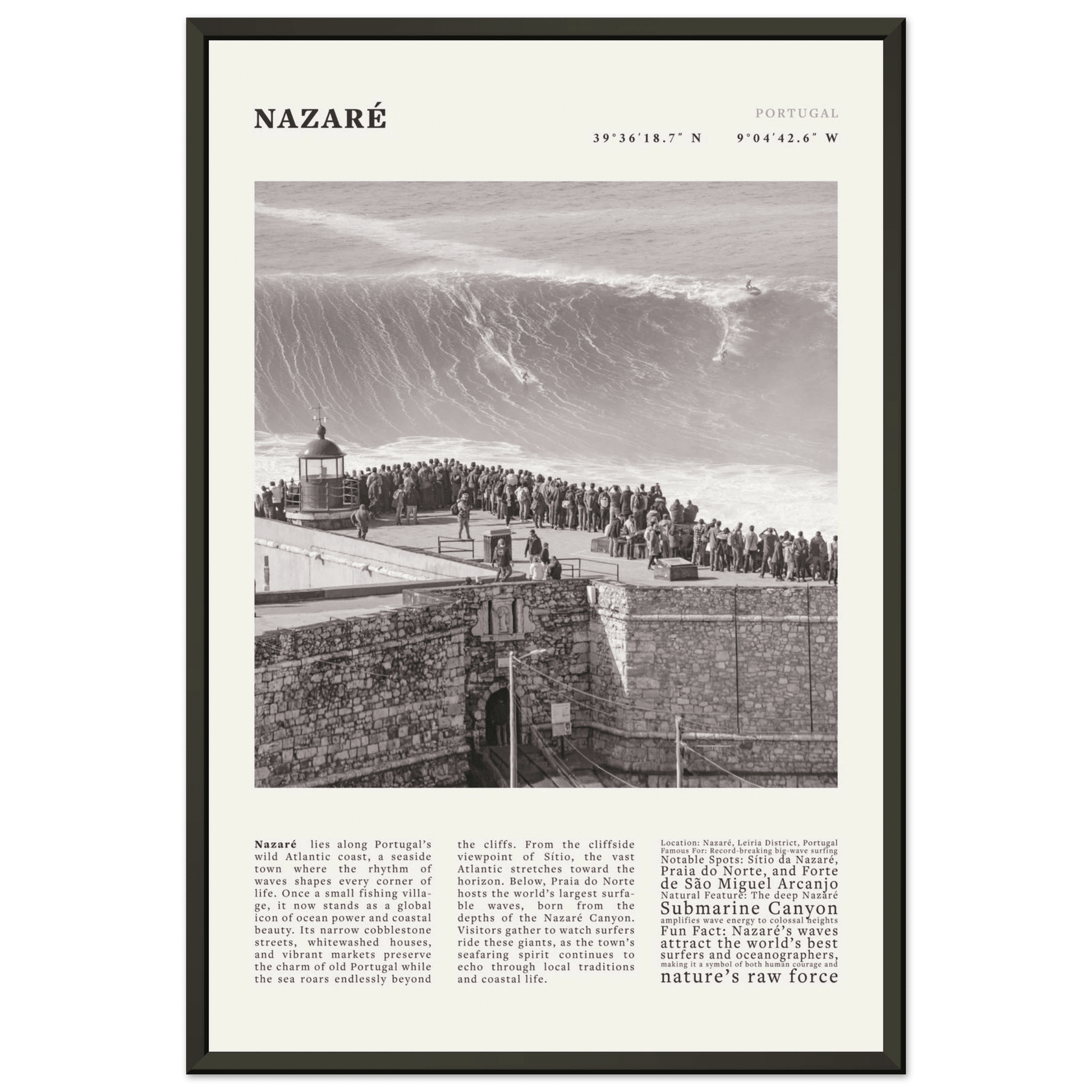 Nazaré Portugal Poster Black and White – Vintage Big Waves Surf Print (Digital & Printed Options) - Evergreen Posters