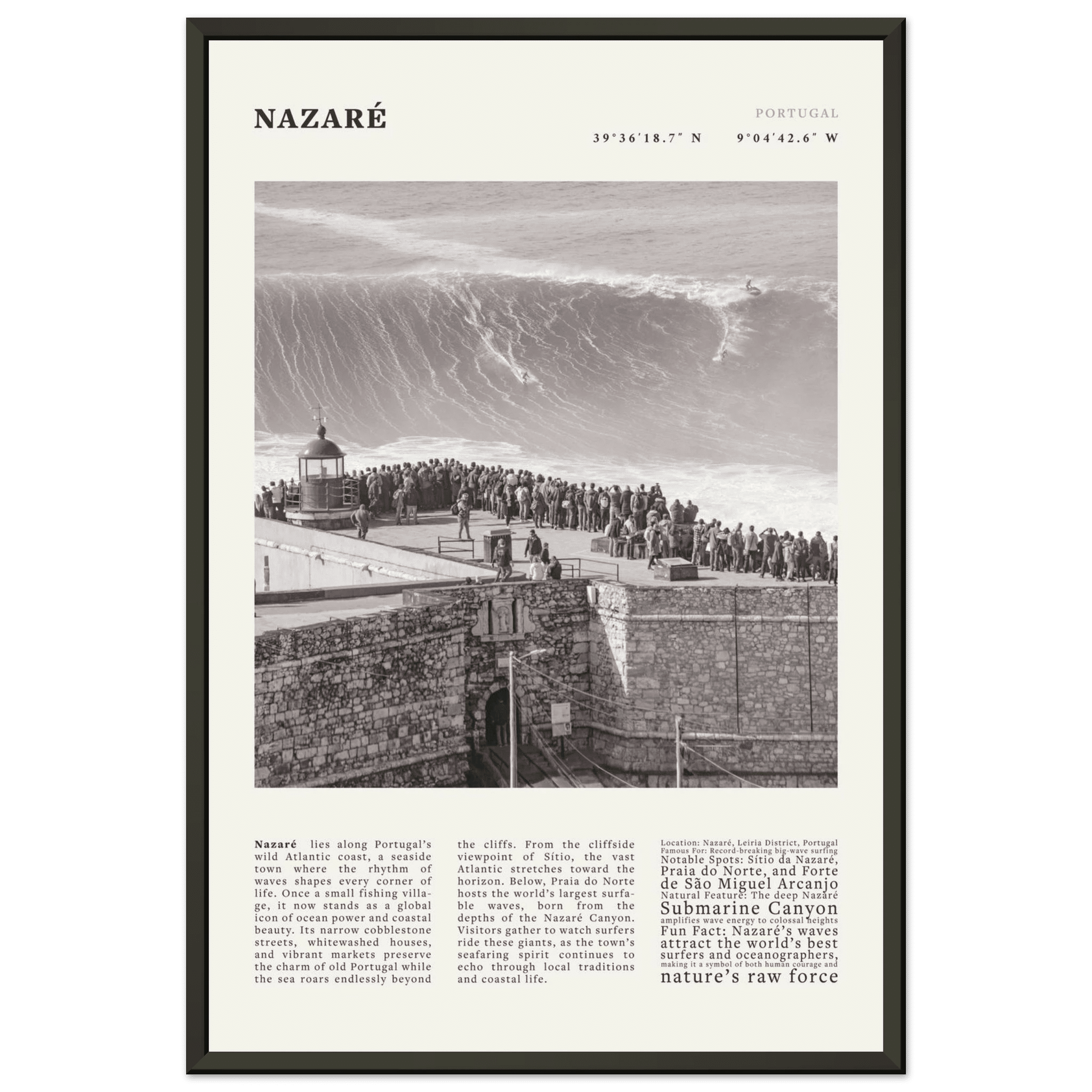 Nazaré Portugal Poster Black and White – Vintage Big Waves Surf Print (Digital & Printed Options) - Evergreen Posters