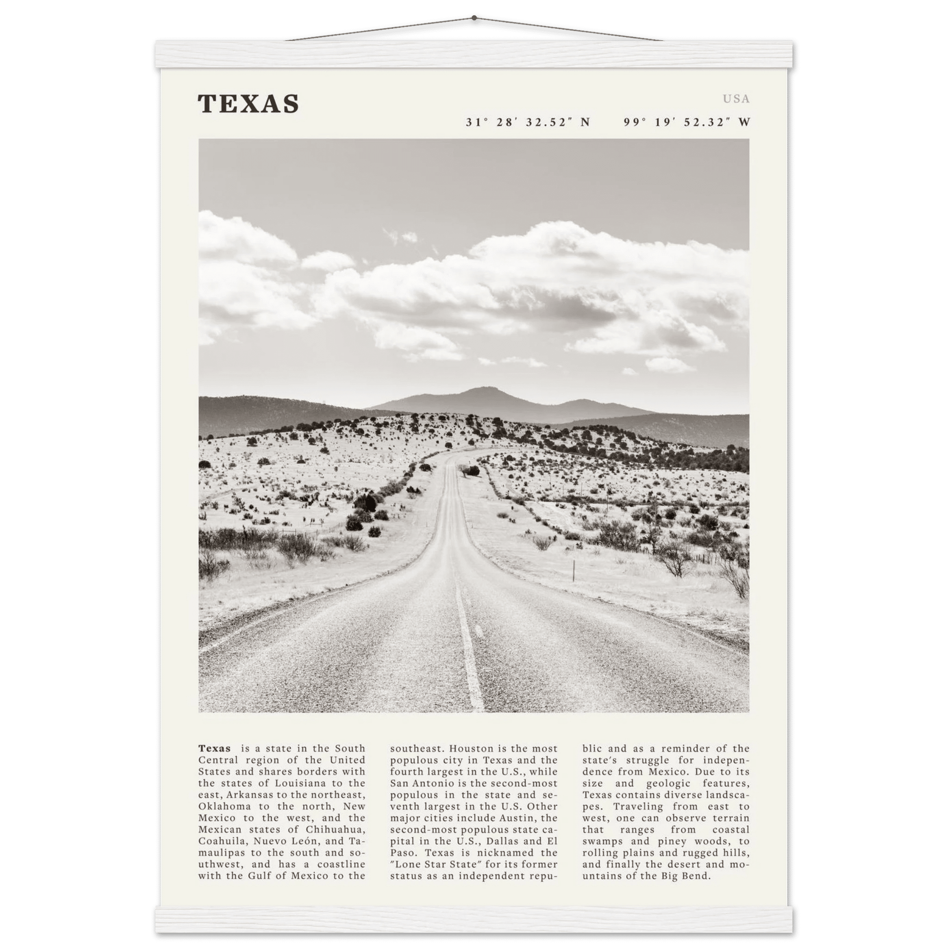 Texas Poster | Black & White Lone Star Road Wall Art | USA Travel Print Decor - Evergreen Posters
