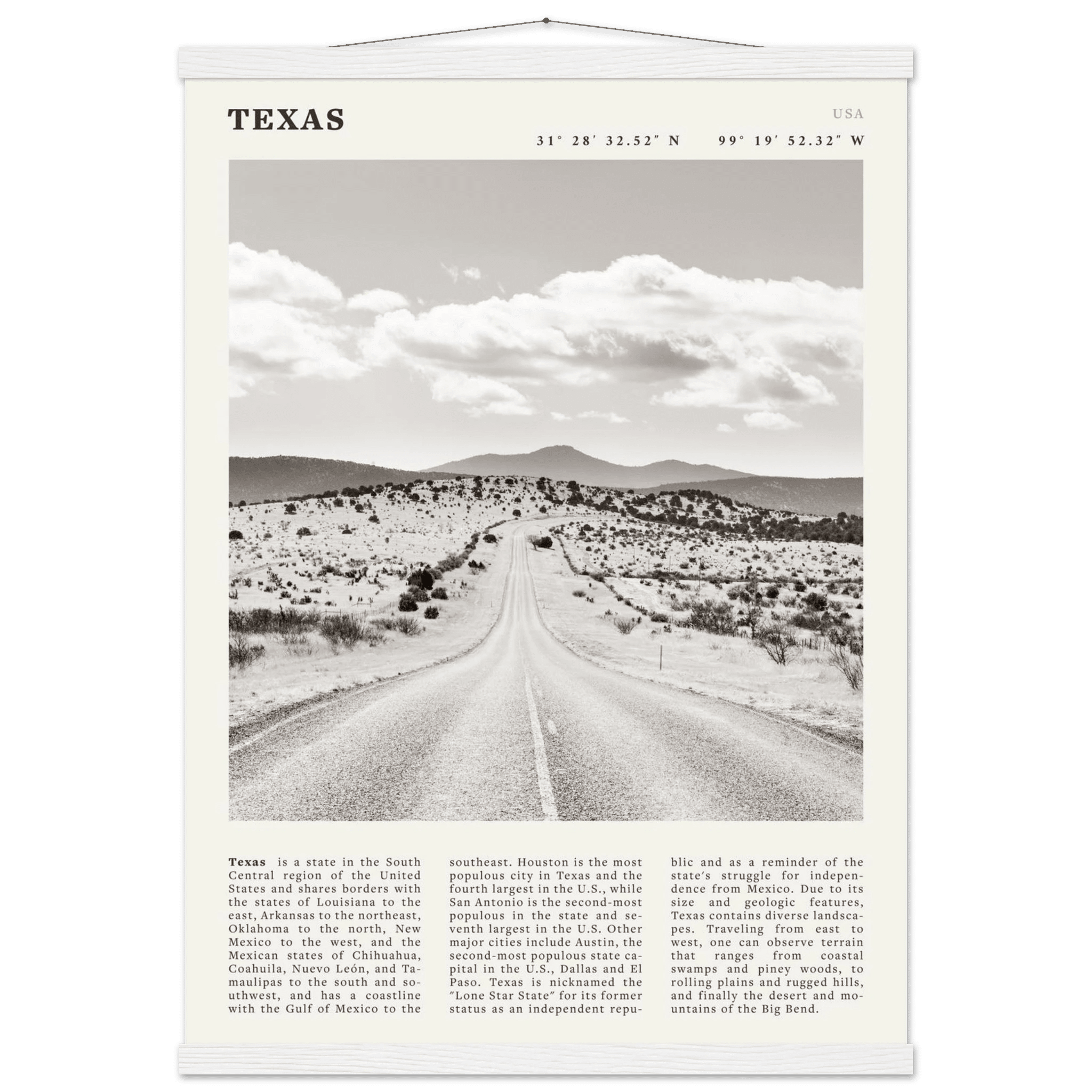 Texas Poster | Black & White Lone Star Road Wall Art | USA Travel Print Decor - Evergreen Posters