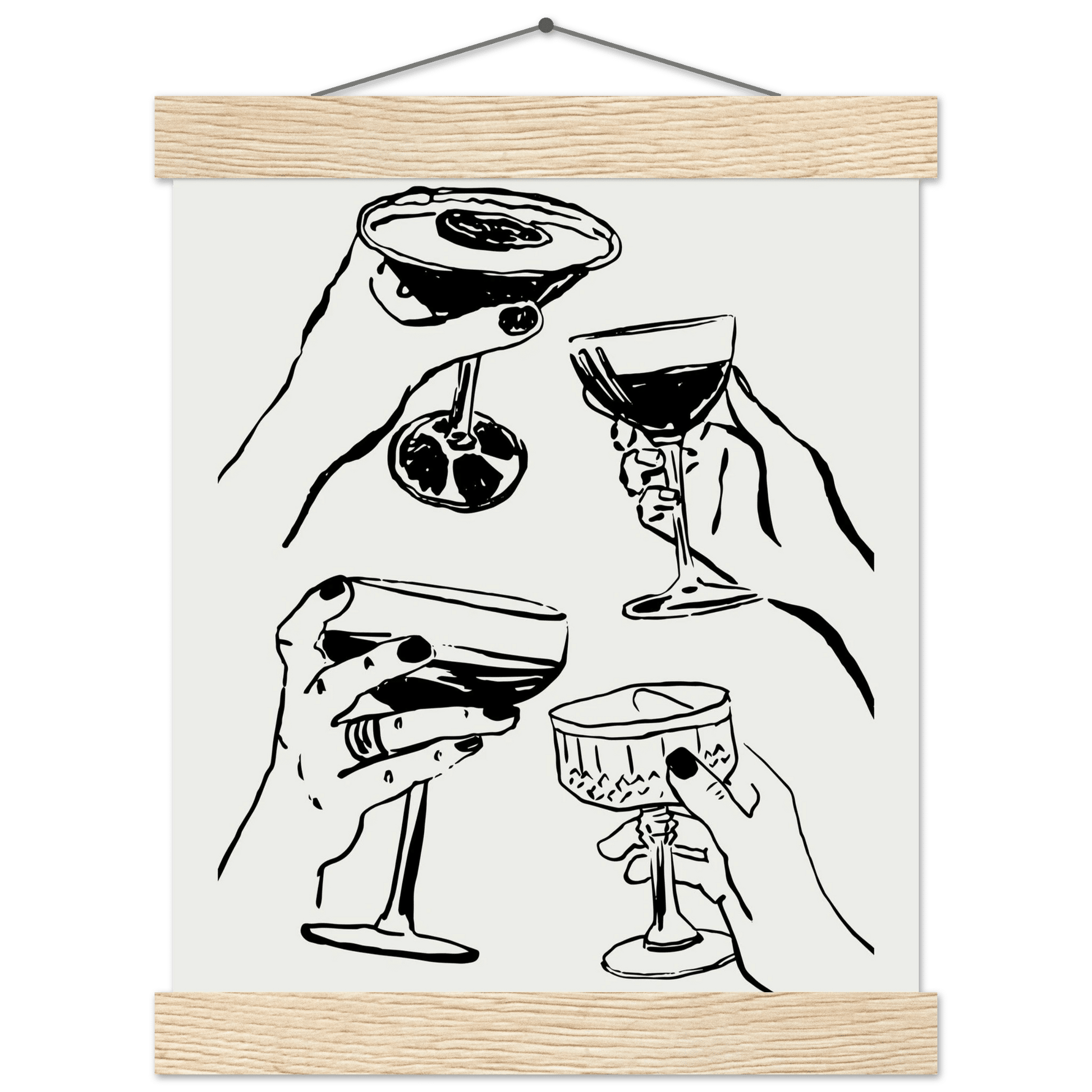 Cheers Print | Black Line Art Cocktail Glasses Wall Art | Kitchen Bar Poster - Evergreen Posters