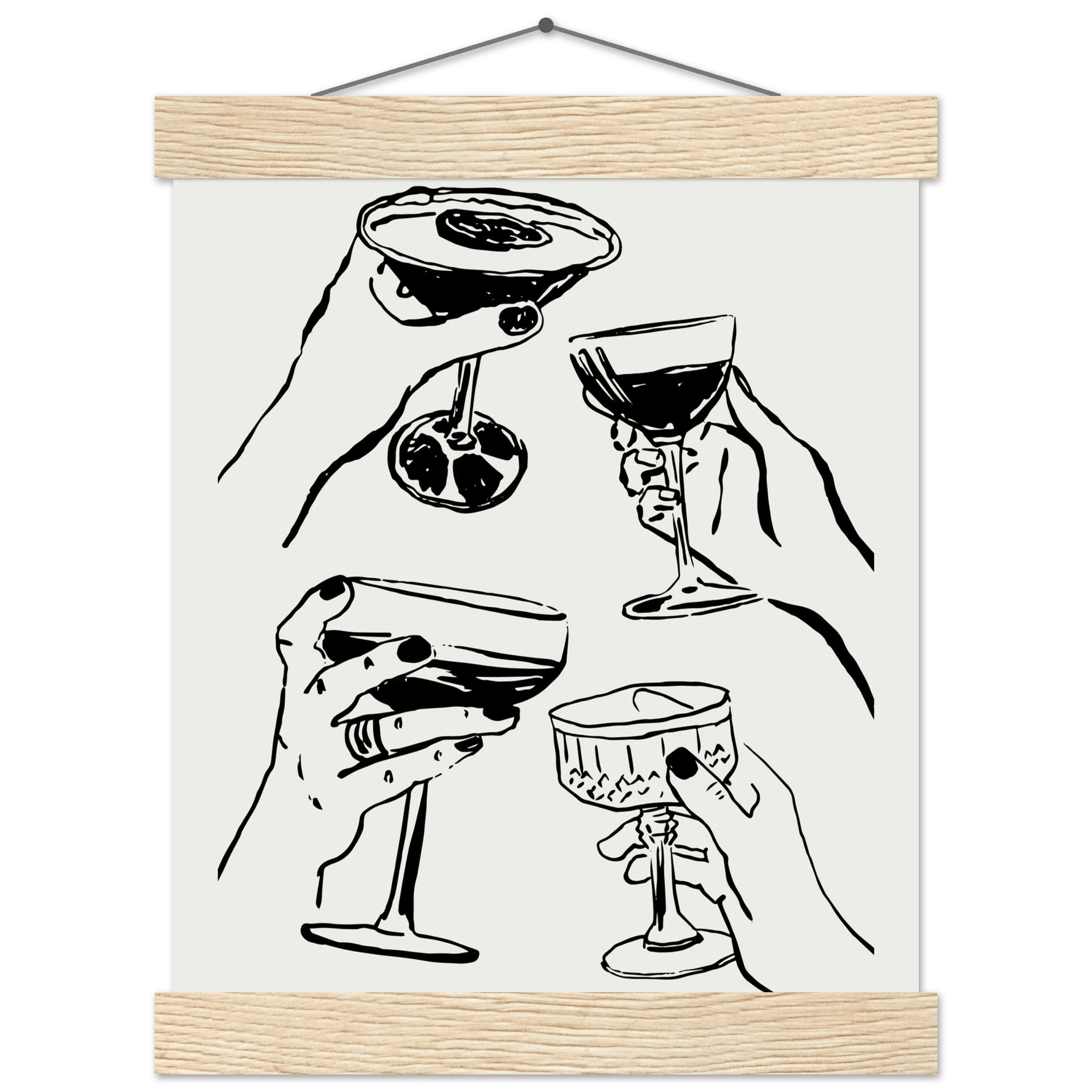 Cheers Print | Black Line Art Cocktail Glasses Wall Art | Kitchen Bar Poster - Evergreen Posters