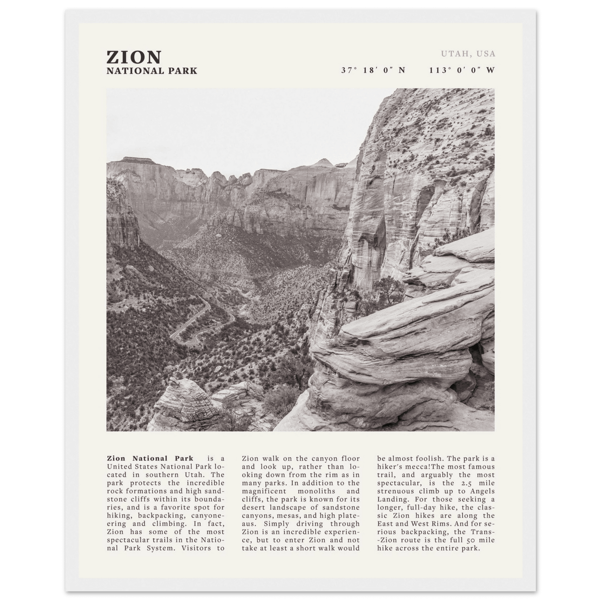 Zion National Park Poster | Black & White Utah Canyon Wall Art | USA Travel Print - Evergreen Posters