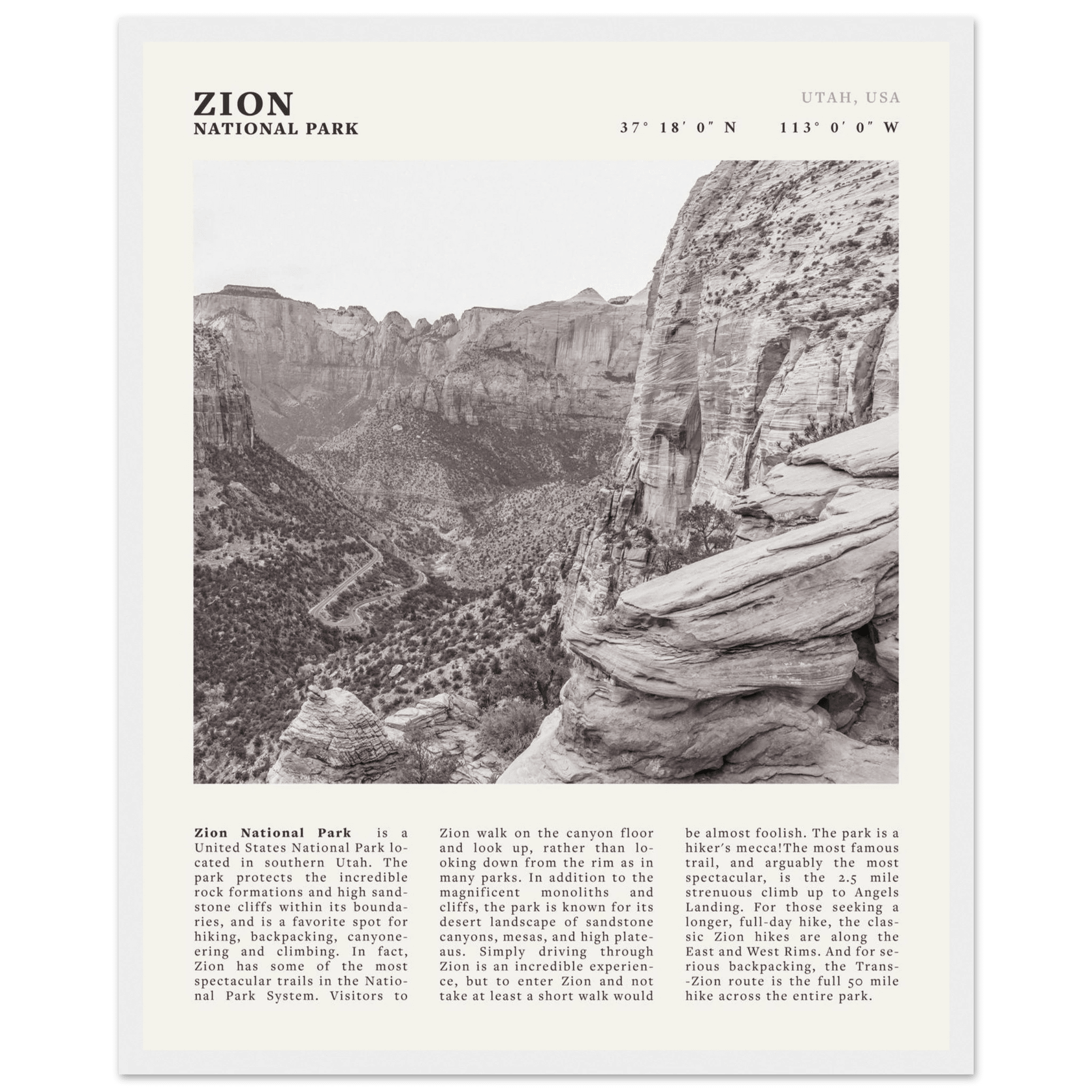 Zion National Park Poster | Black & White Utah Canyon Wall Art | USA Travel Print - Evergreen Posters