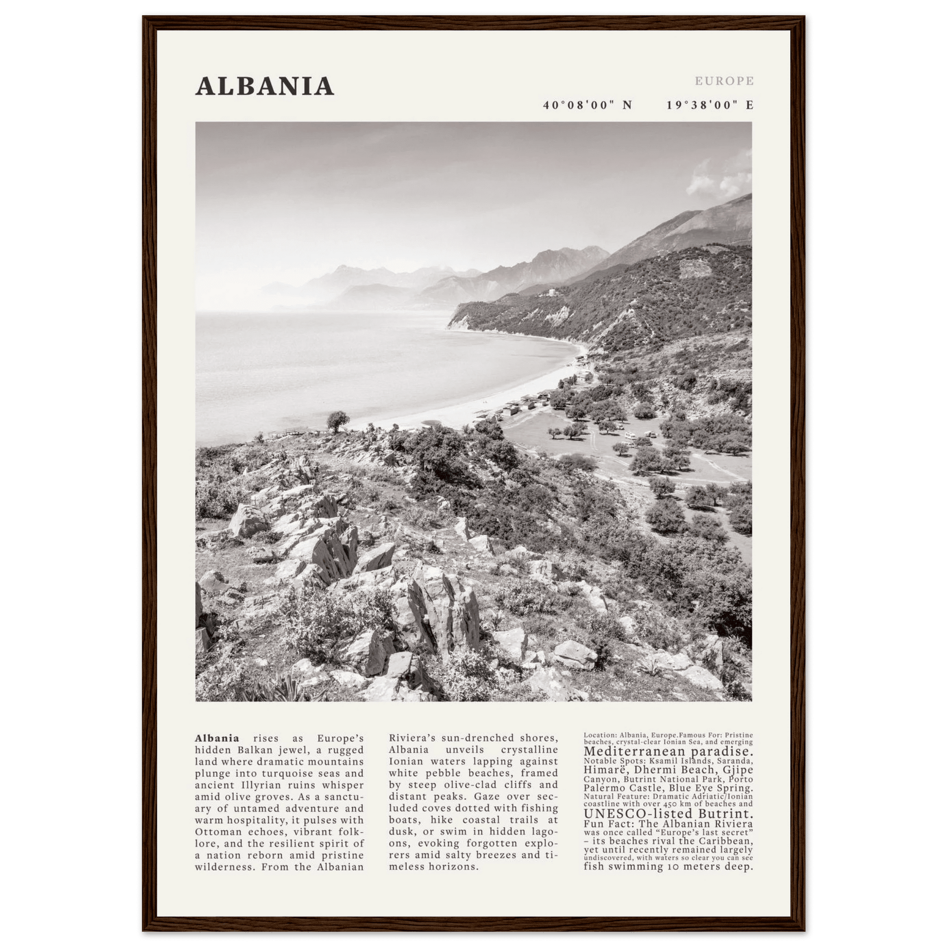 Albania Poster Black and White – Vintage Albanian Riviera Travel Print (Digital & Printed Options) - Evergreen Posters