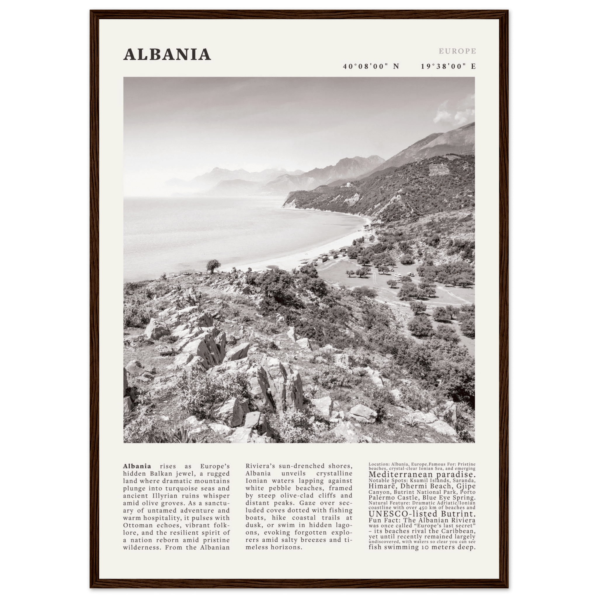 Albania Poster Black and White – Vintage Albanian Riviera Travel Print (Digital & Printed Options) - Evergreen Posters