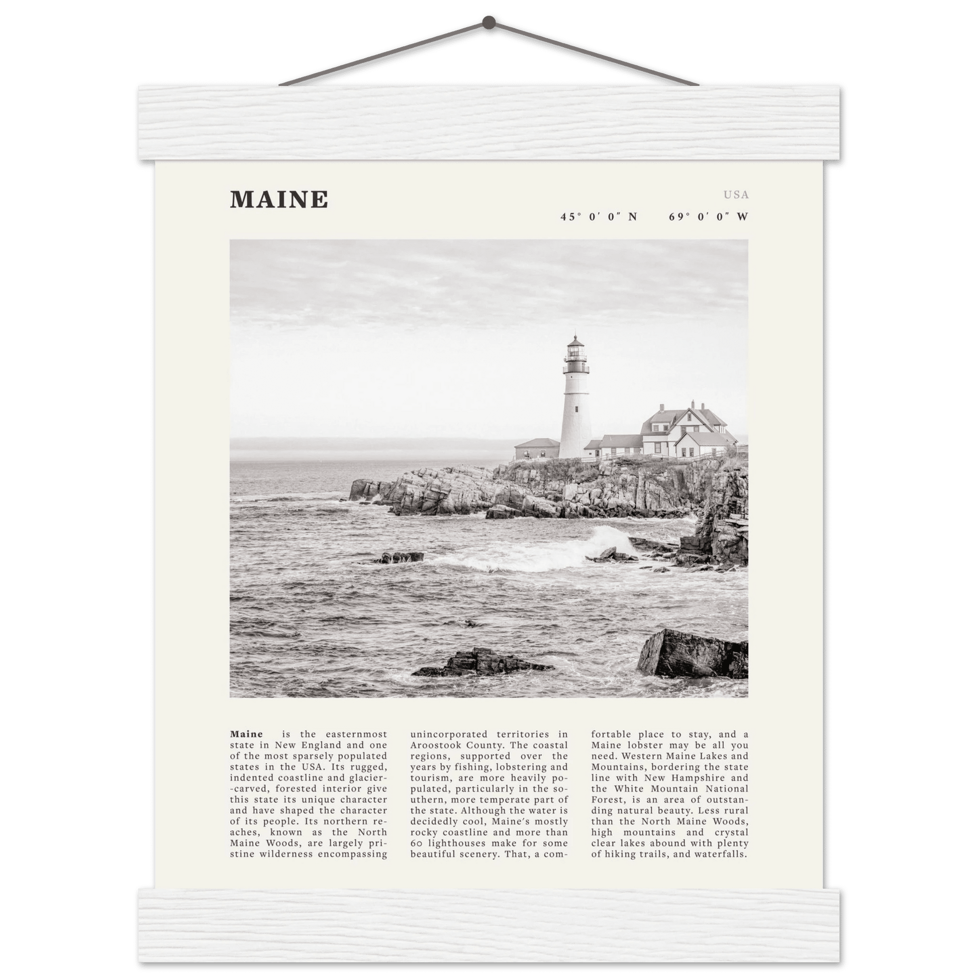 Maine Poster | Black & White Lighthouse Wall Art | New England Coastal Travel Print - Evergreen Posters